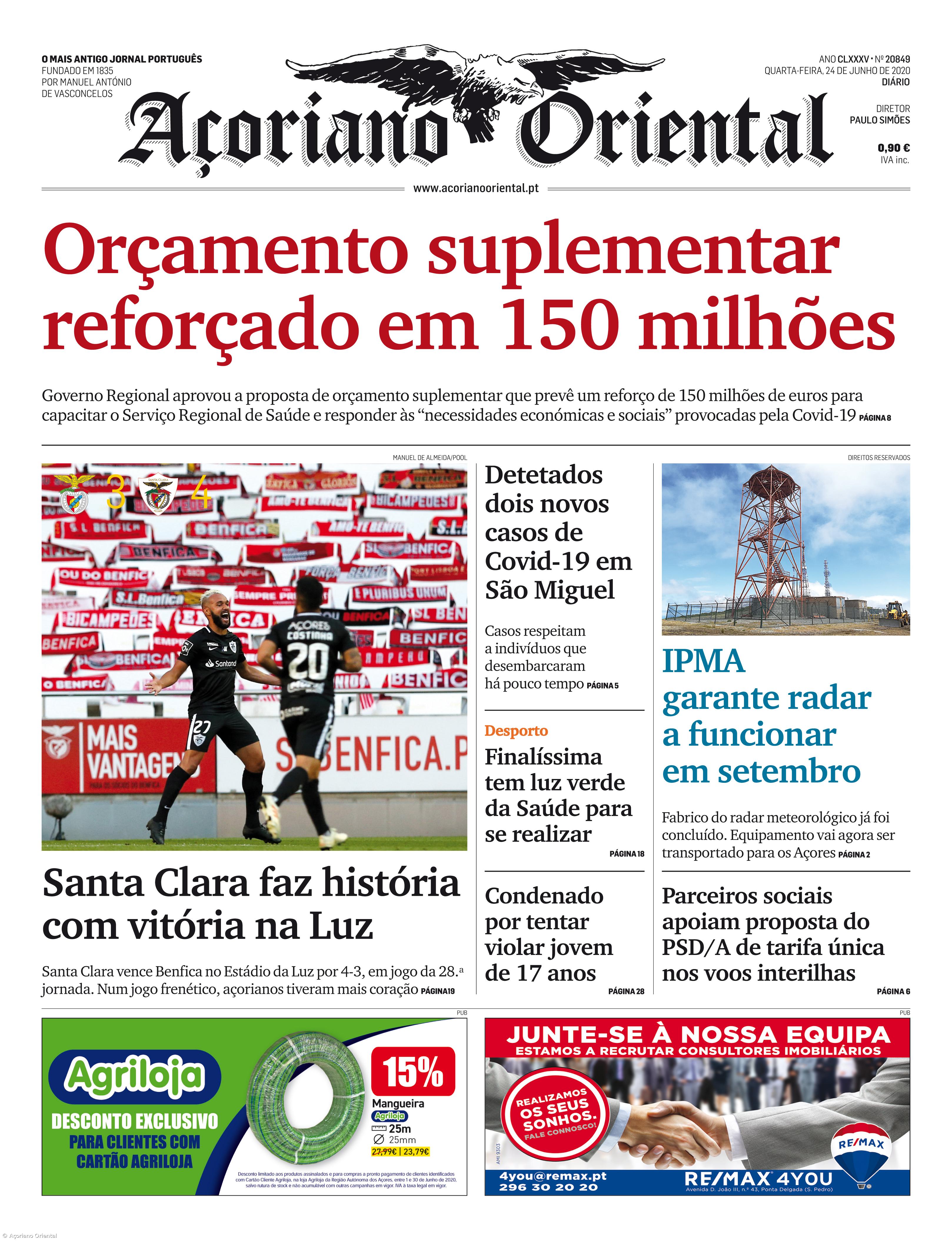 "Orçamento suplementar reforçado em 150 milhões" é a manchete do Açoriano Oriental – Imagem 1