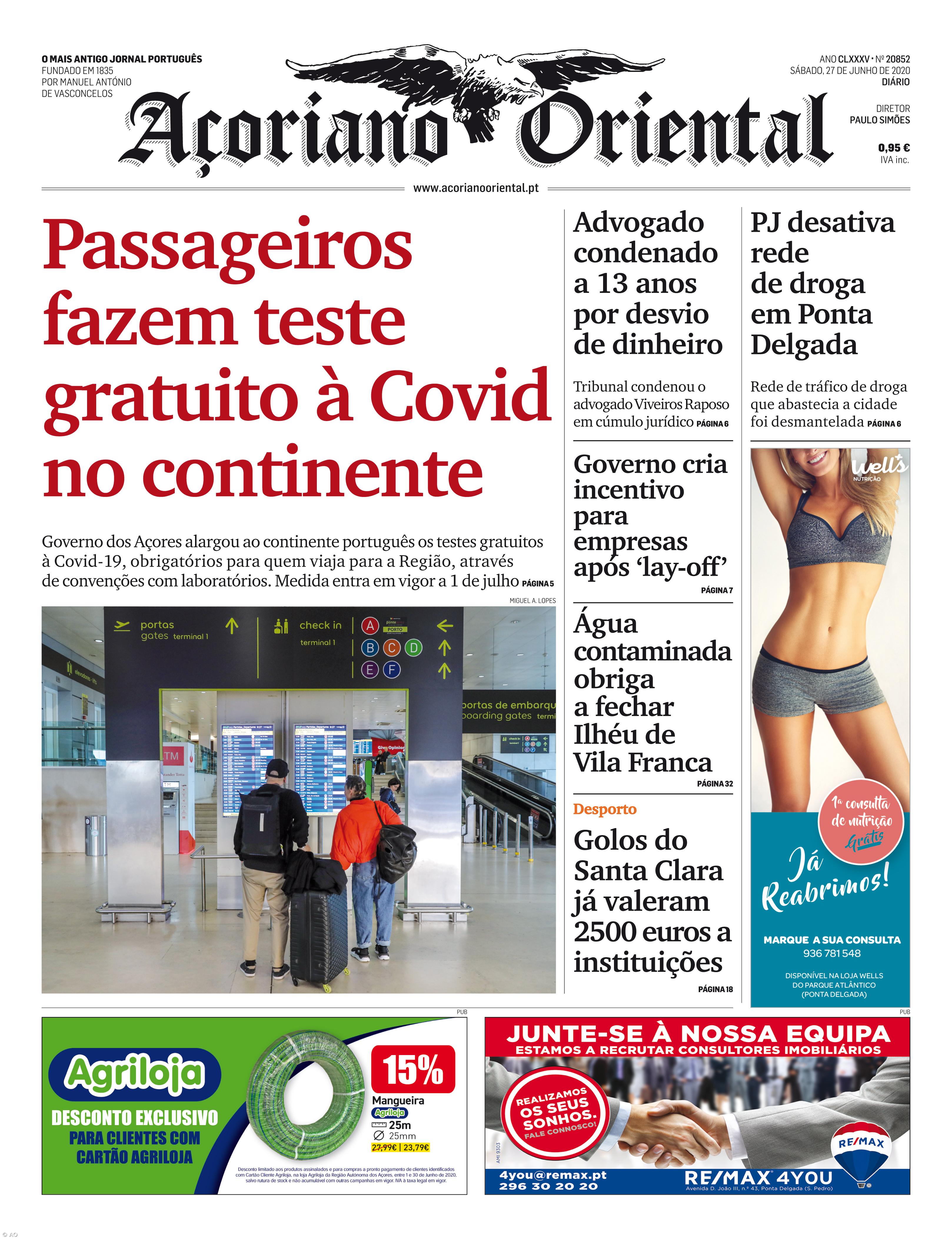 "Passageiros fazem teste gratuito à Covid no continente" é a manchete do Açoriano Oriental – Imagem 1