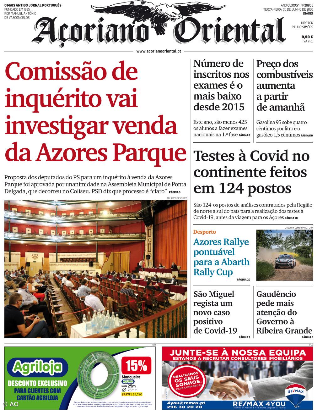 "Comissão de inquérito vai investigar venda da Azores Parque" é a manchete do Açoriano Oriental – Imagem 1