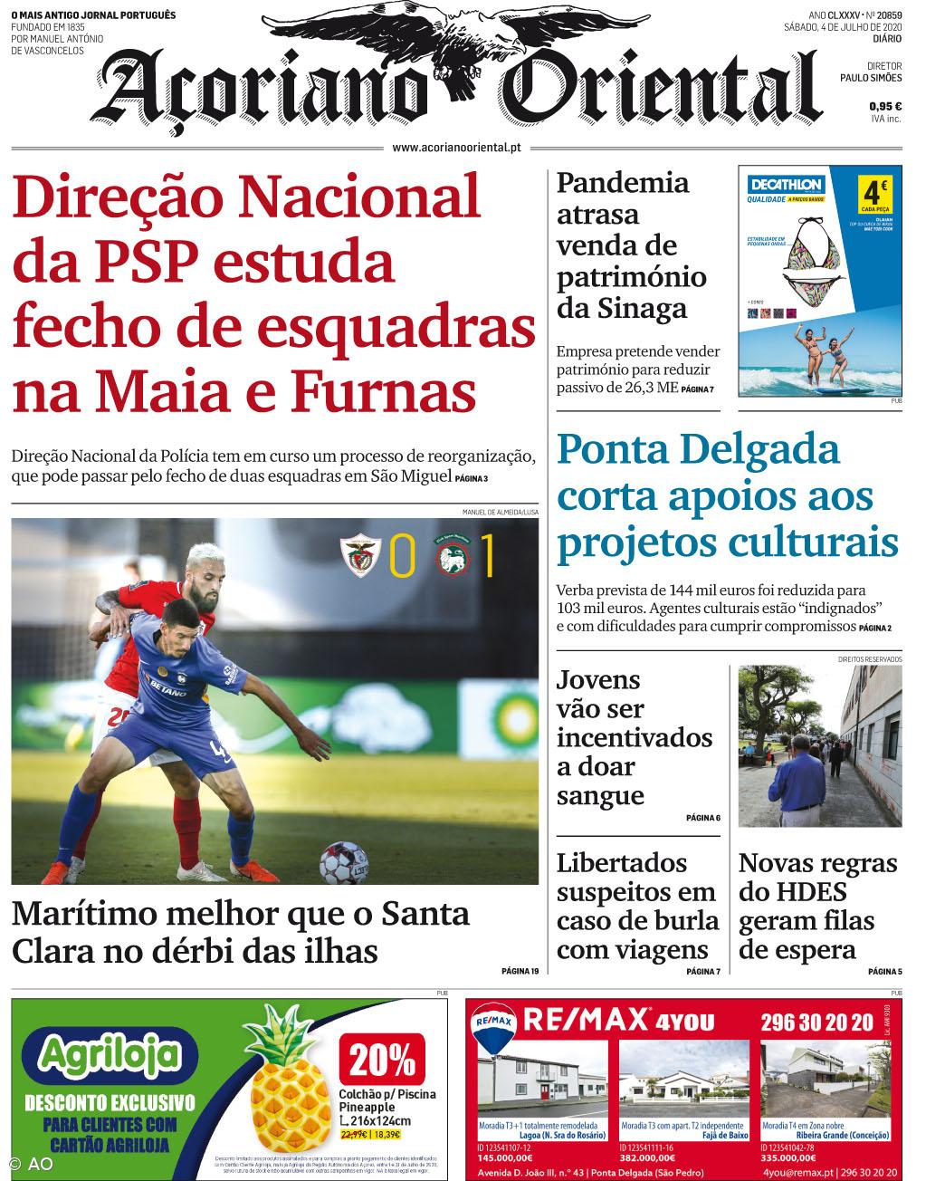 "Direção Nacional da PSP estuda fecho de esquadras na Maia e Furnas" é a manchete do Açoriano Oriental – Imagem 1