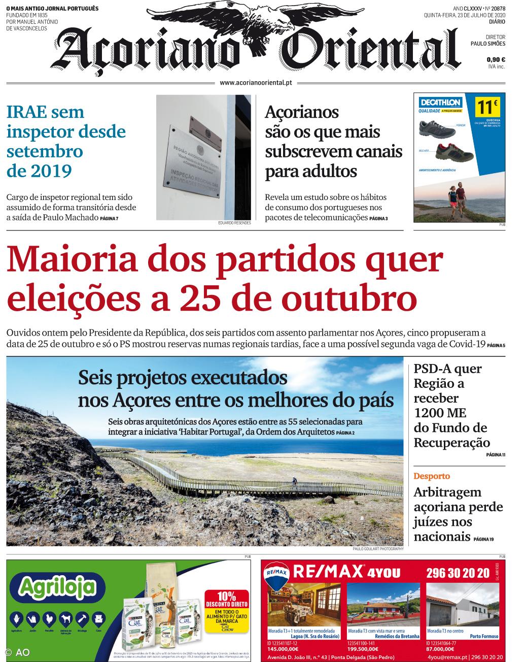 "Maioria dos partidos quer eleições a 25 de outubro" é a manchete do Açoriano Oriental – Imagem 1
