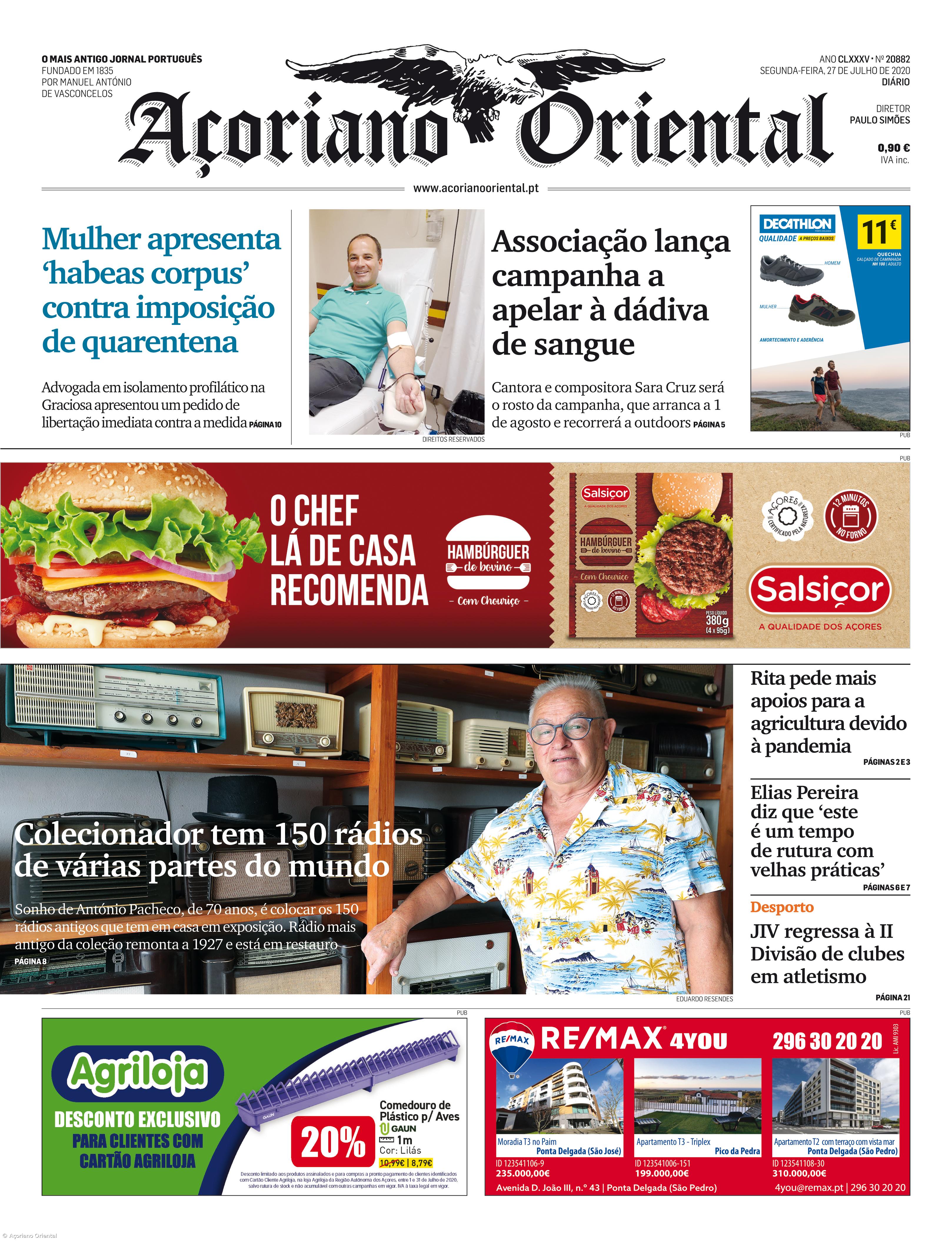 "Mulher apresenta 'habeas corpus' contra imposição de quarentena" é a manchete do Açoriano Oriental – Imagem 1