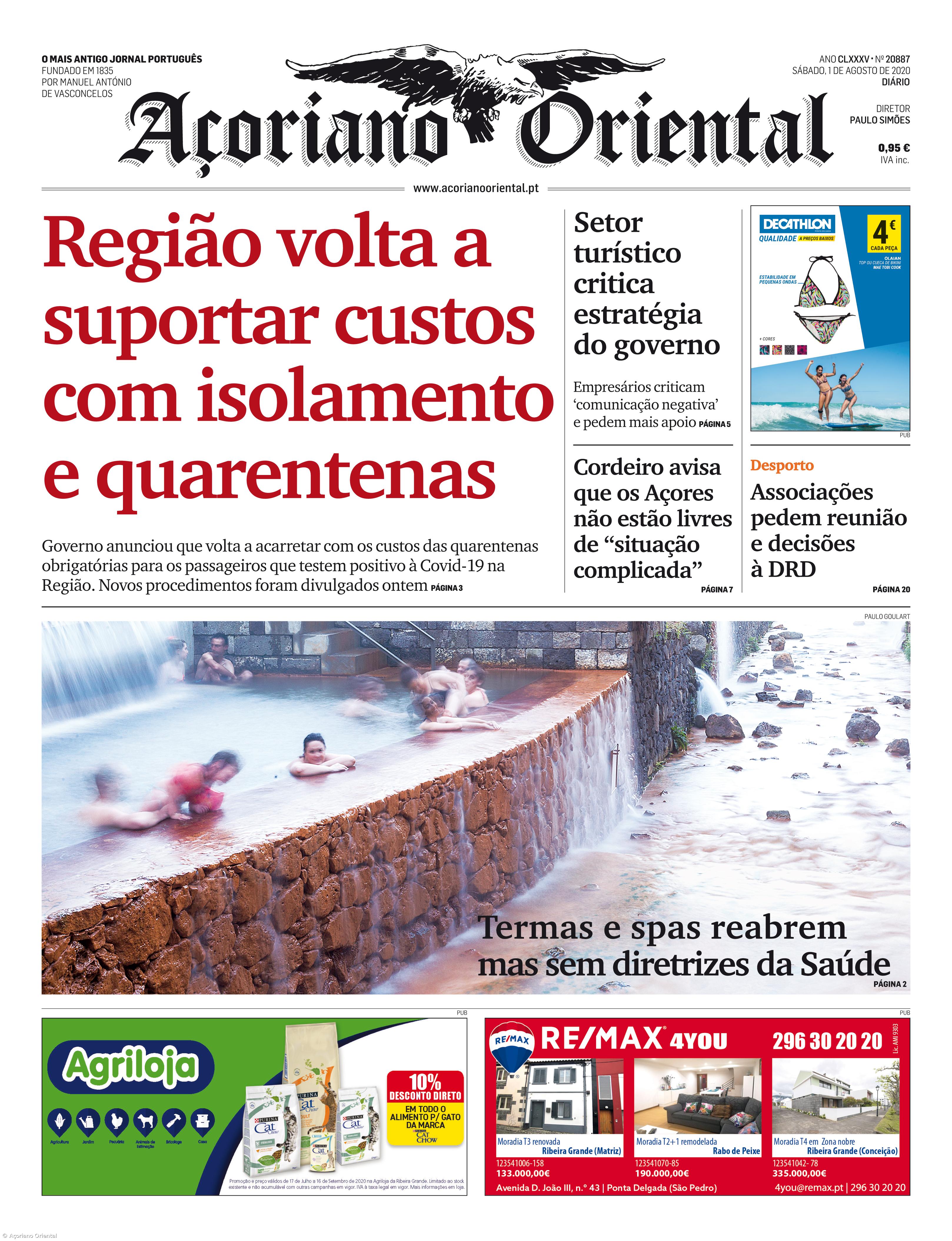 "Região volta a suportar custos com isolamento e quarentenas" é a manchete do Açoriano Oriental – Imagem 1