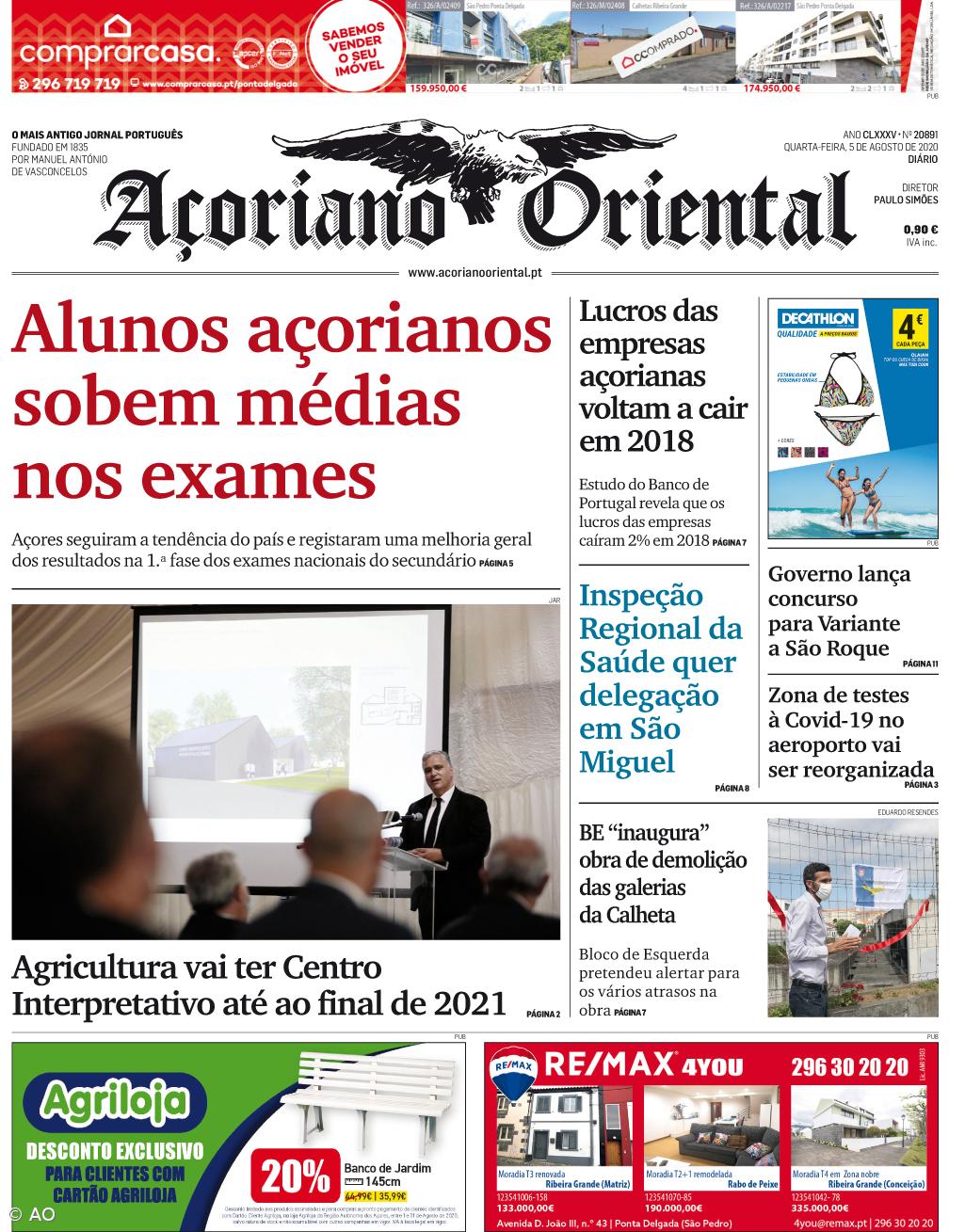 "Alunos açorianos sobem médias nos exames" é a manchete do Açoriano Oriental – Imagem 1