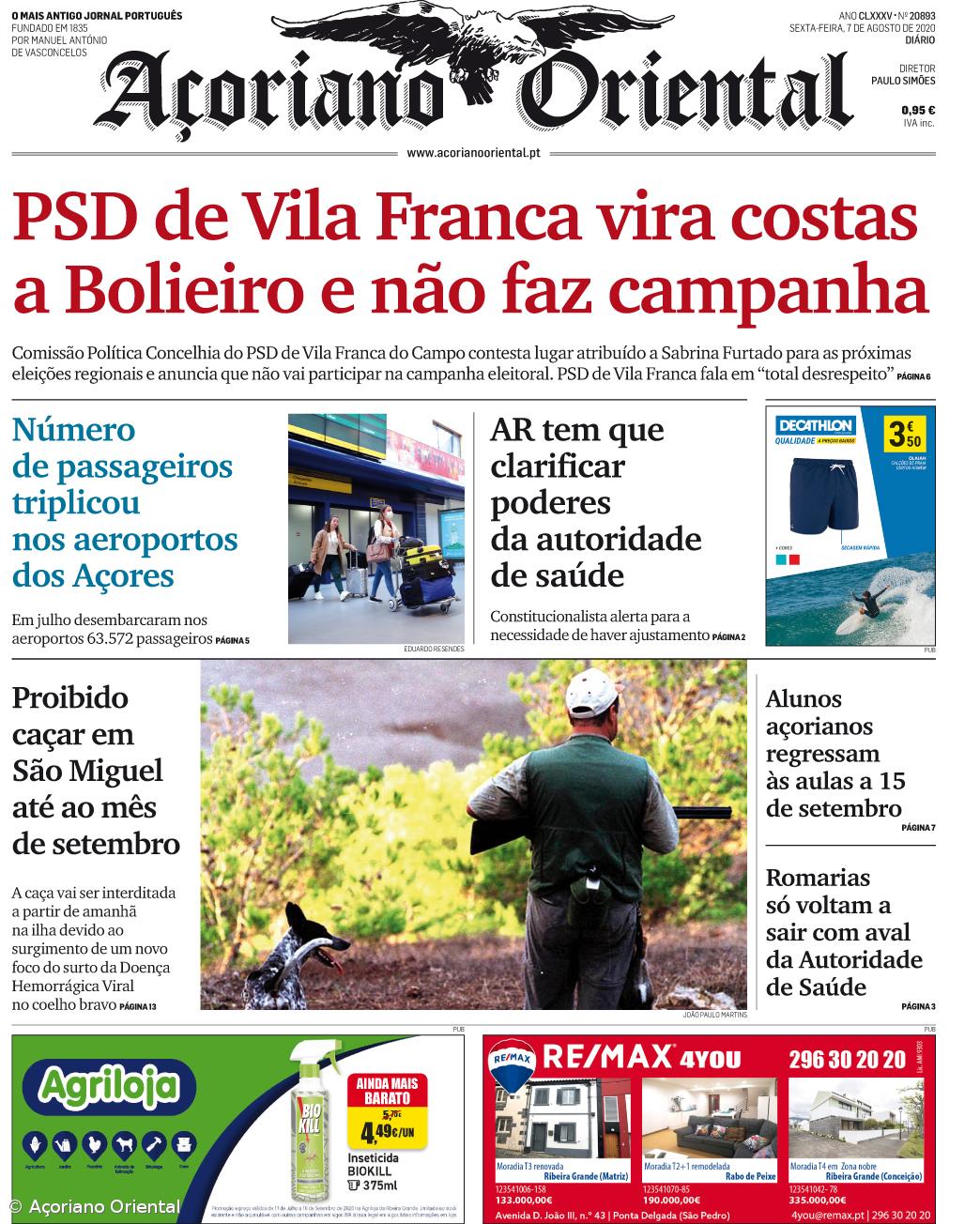 "PSD de Vila Franca vira costas a Bolieiro e não faz campanha" é a manchete do Açoriano Oriental – Imagem 1
