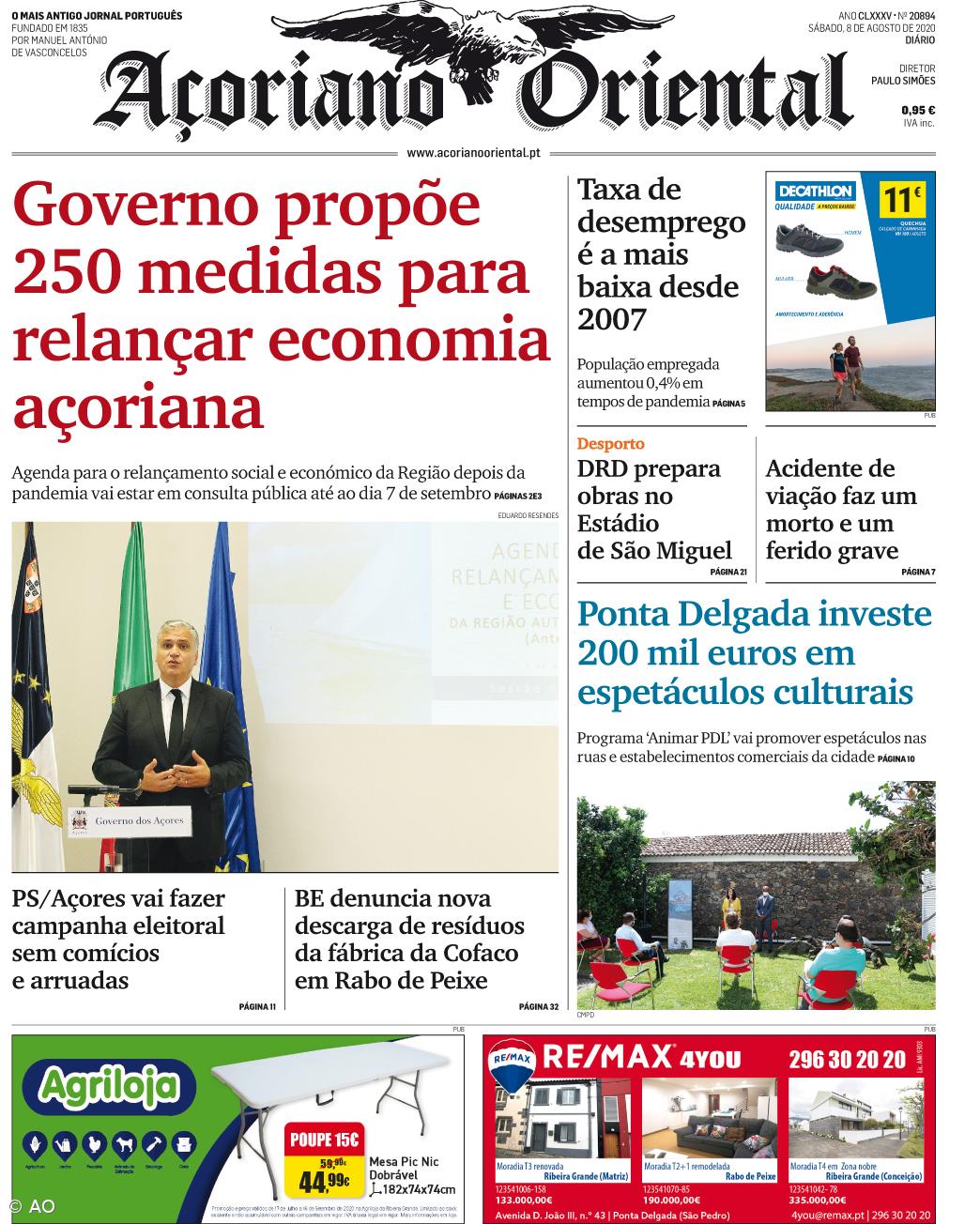 "Governo propõe 250 medidas para relançar economia açoriana" é a manchete do Açoriano Oriental – Imagem 1