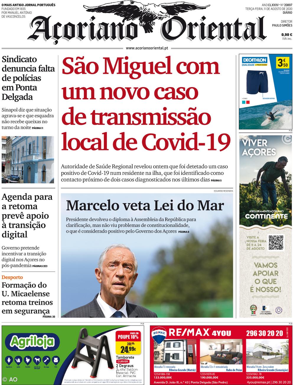 "São Miguel com um novo caso de transmissão local de Covid-19" é a manchete do Açoriano Oriental – Imagem 1