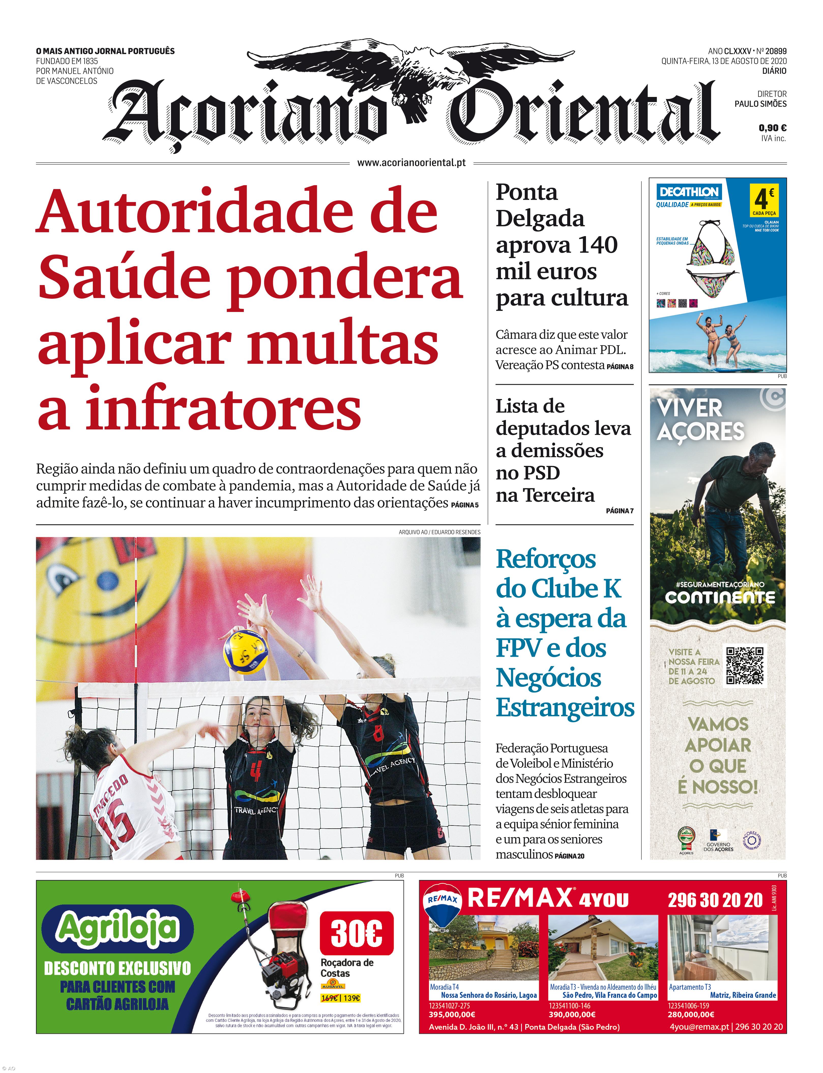 "Autoridade de Saúde pondera aplicar multas a infratores" é a manchete do Açoriano Oriental – Imagem 1