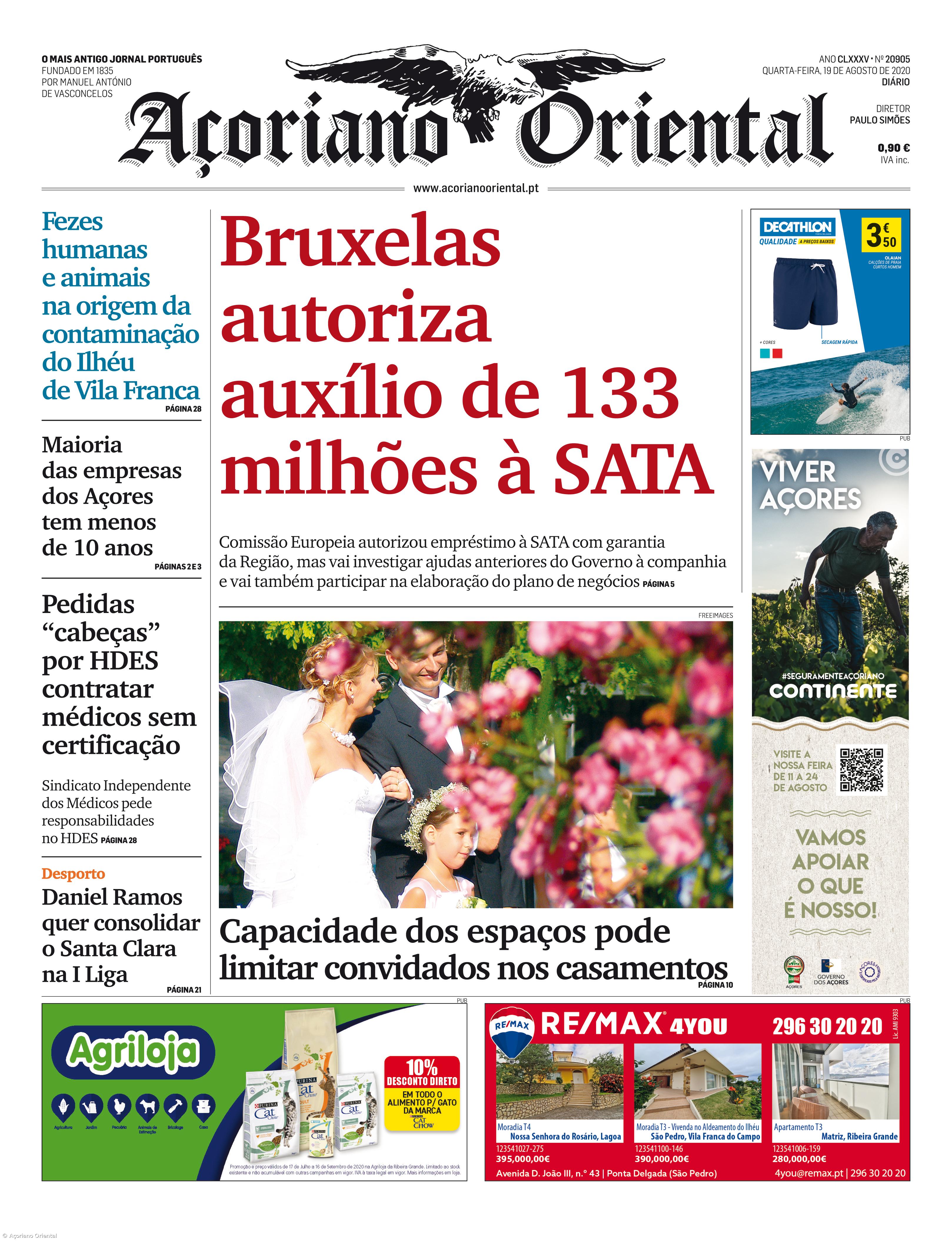 "Bruxelas autoriza auxílio de 133 milhões à SATA" é a manchete do Açoriano Oriental – Imagem 1