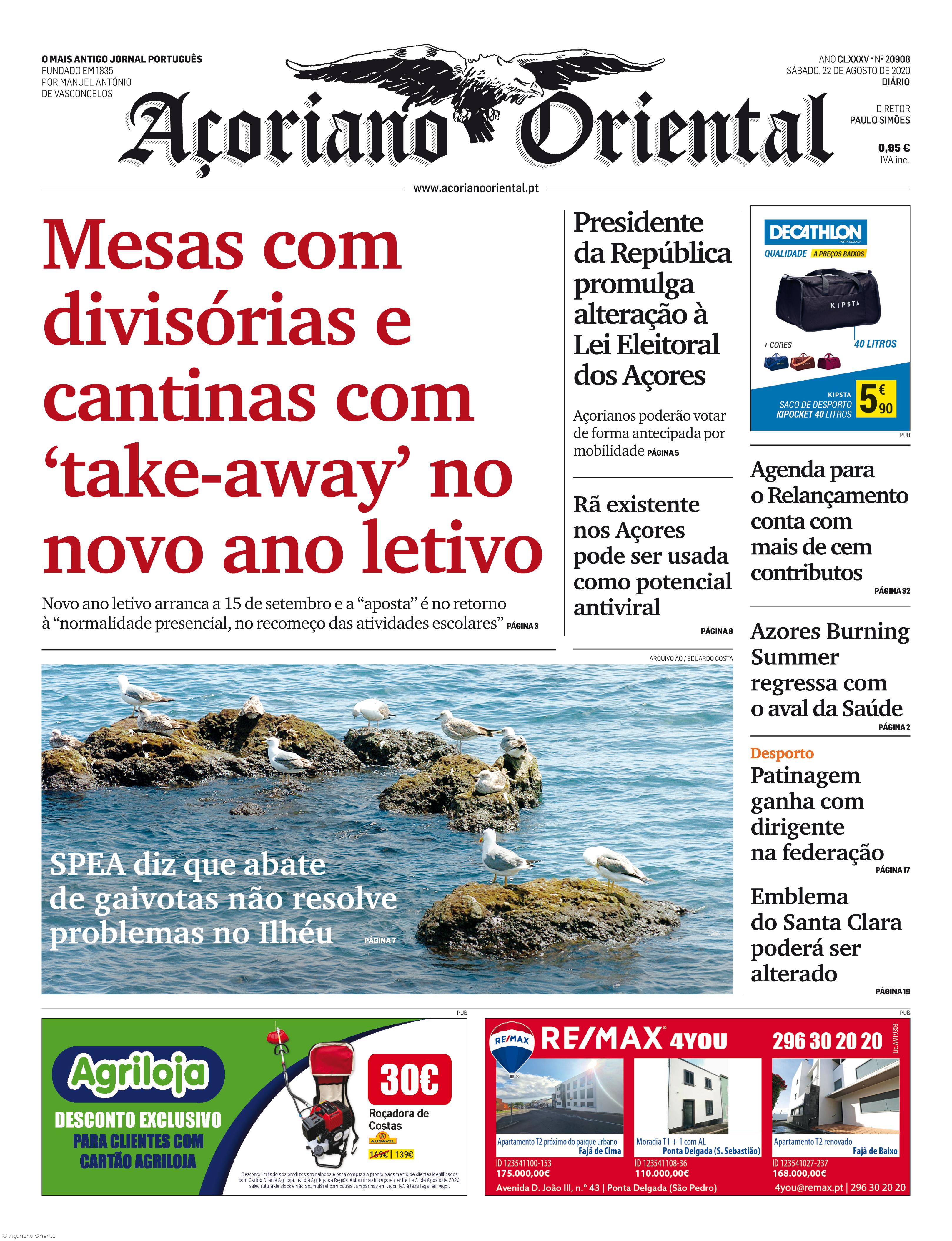 "Mesas com divisórias e cantinas com 'take-away' no novo ano letivo" é a manchete do Açoriano Oriental – Imagem 1