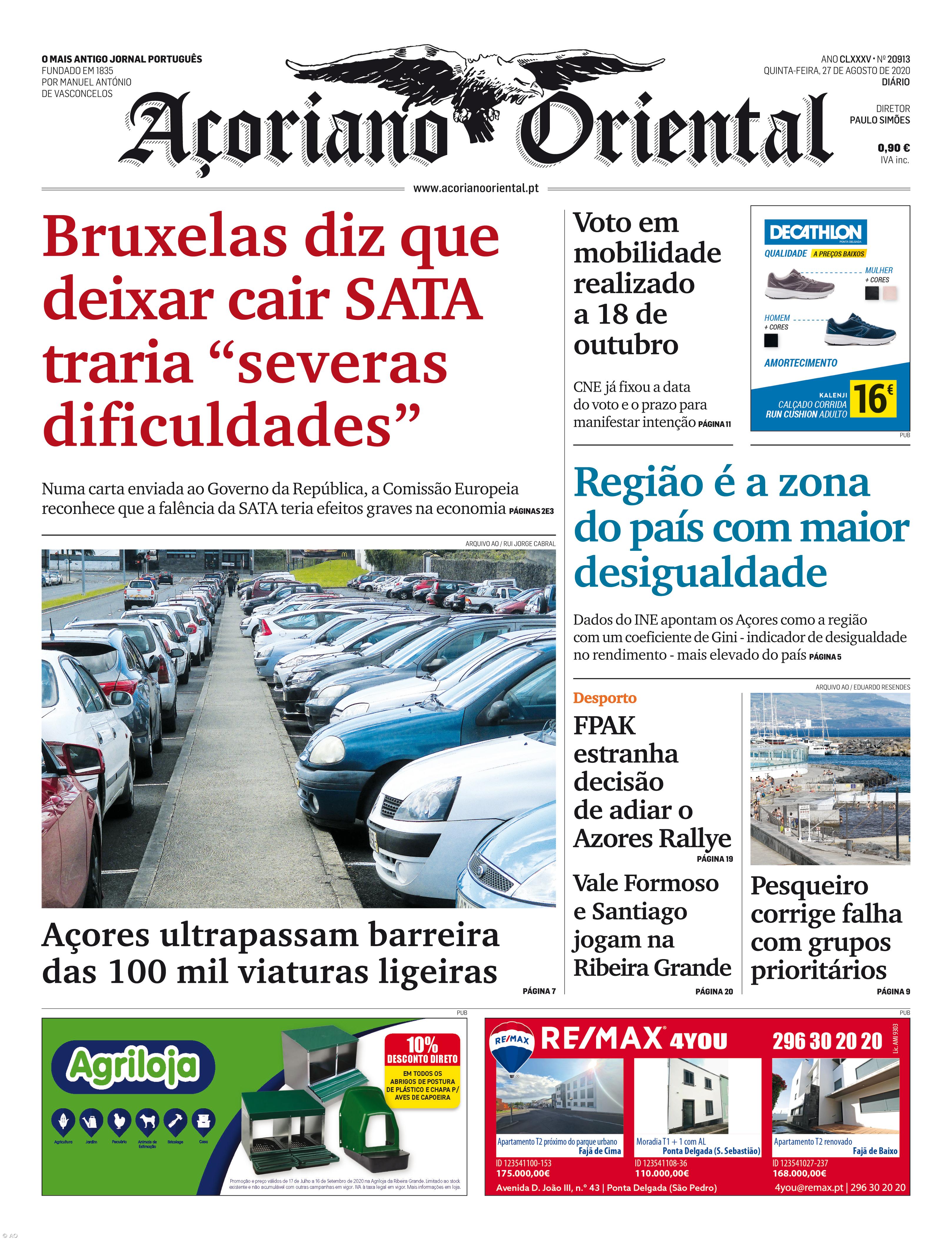 "Bruxelas diz que deixar cair SATA traria 'severas dificuldades'" é a manchete do Açoriano Oriental  – Imagem 1