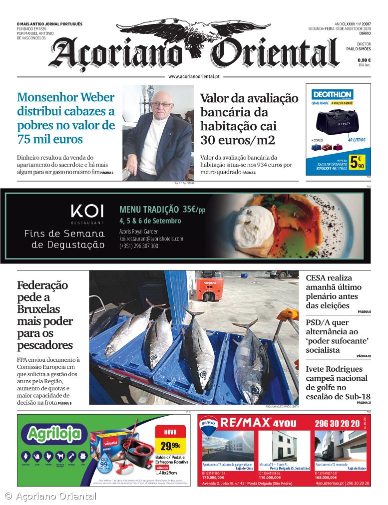 "Monsenhor Weber distribui cabazes a pobres no valor de 75 mil euros" é a manchete do Açoriano Oriental – Imagem 1