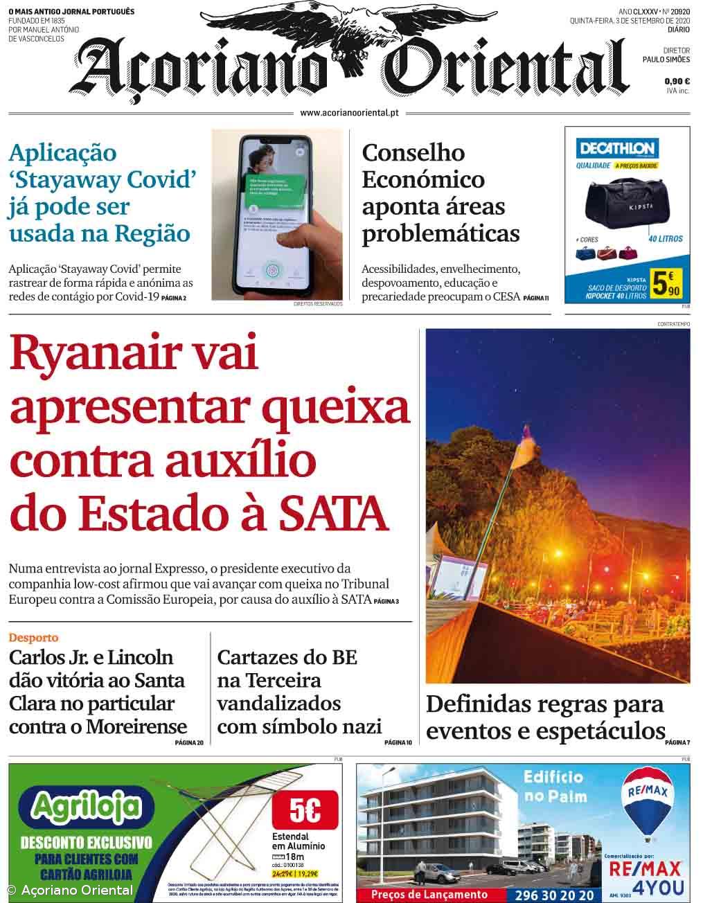 "Ryanair vai apresentar queixa contra auxílio do Estado à SATA" é a manchete do Açoriano Oriental – Imagem 1