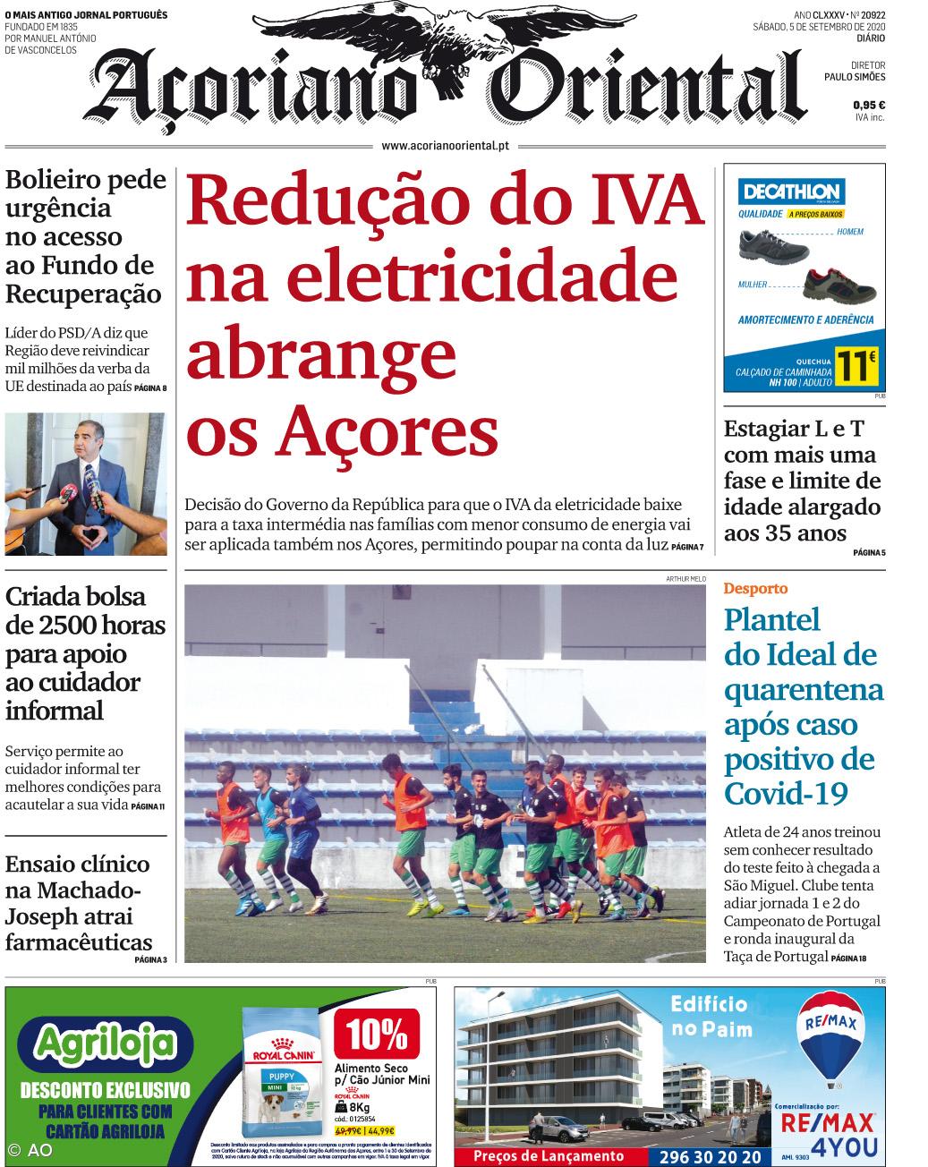 "Redução do IVA na eletricidade abrange os Açores" é a manchete do Açoriano Oriental – Imagem 1