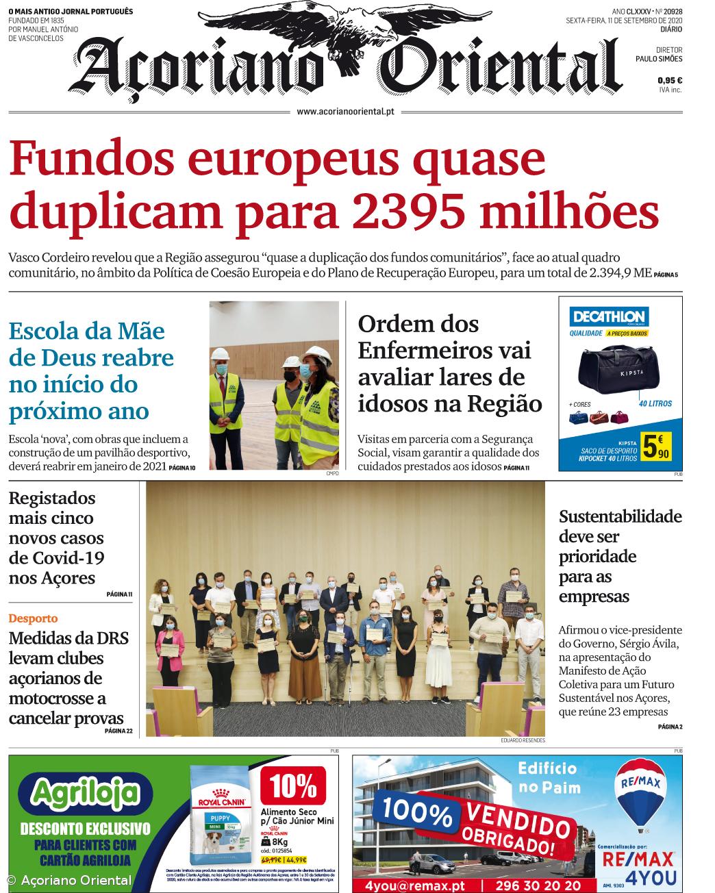 "Fundos europeus quase duplicam para 2395 milhões" é a manchete do Açoriano Oriental – Imagem 1