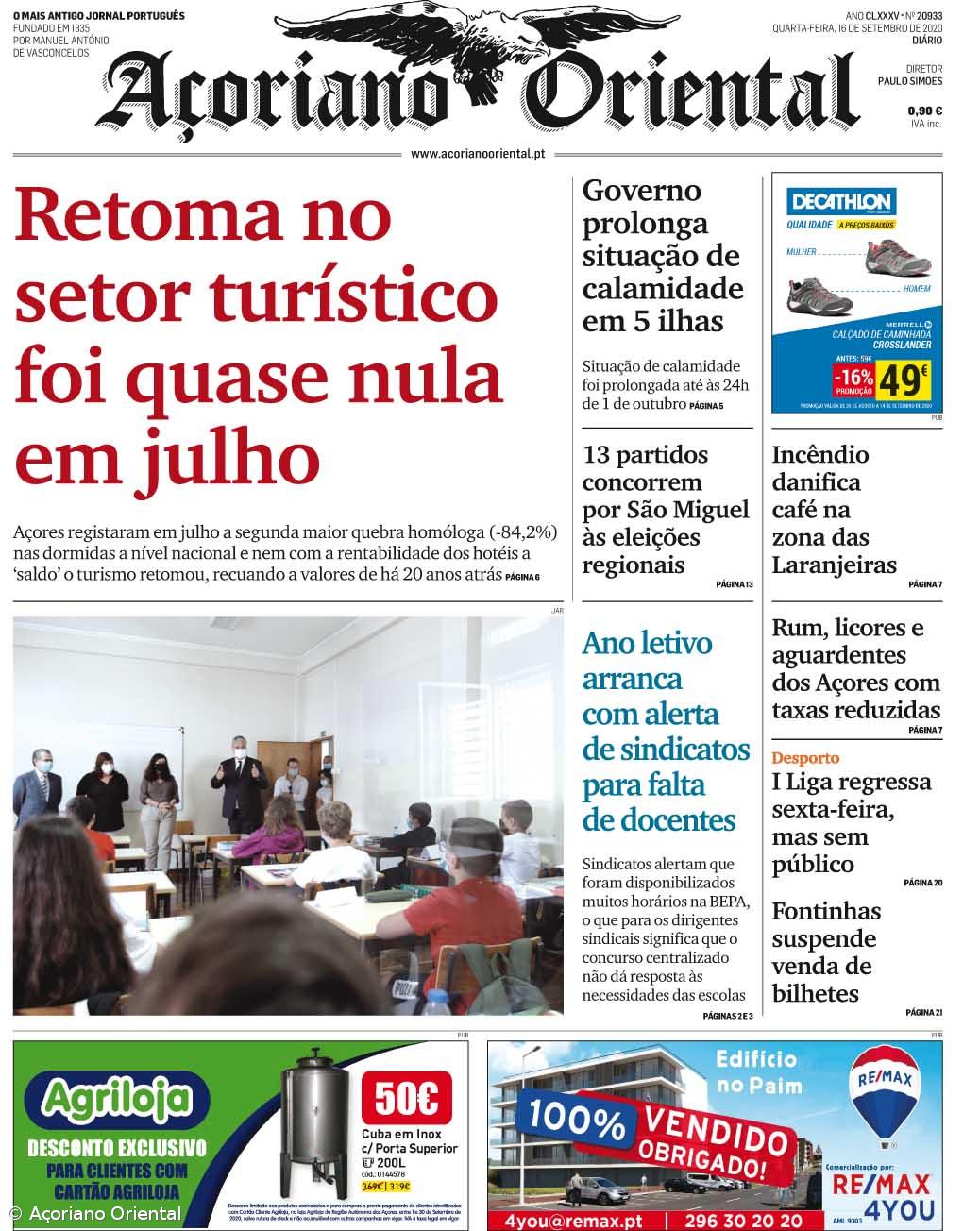 "Retoma no setor turístico foi quase nula em julho" é a manchete do Açoriano Oriental – Imagem 1