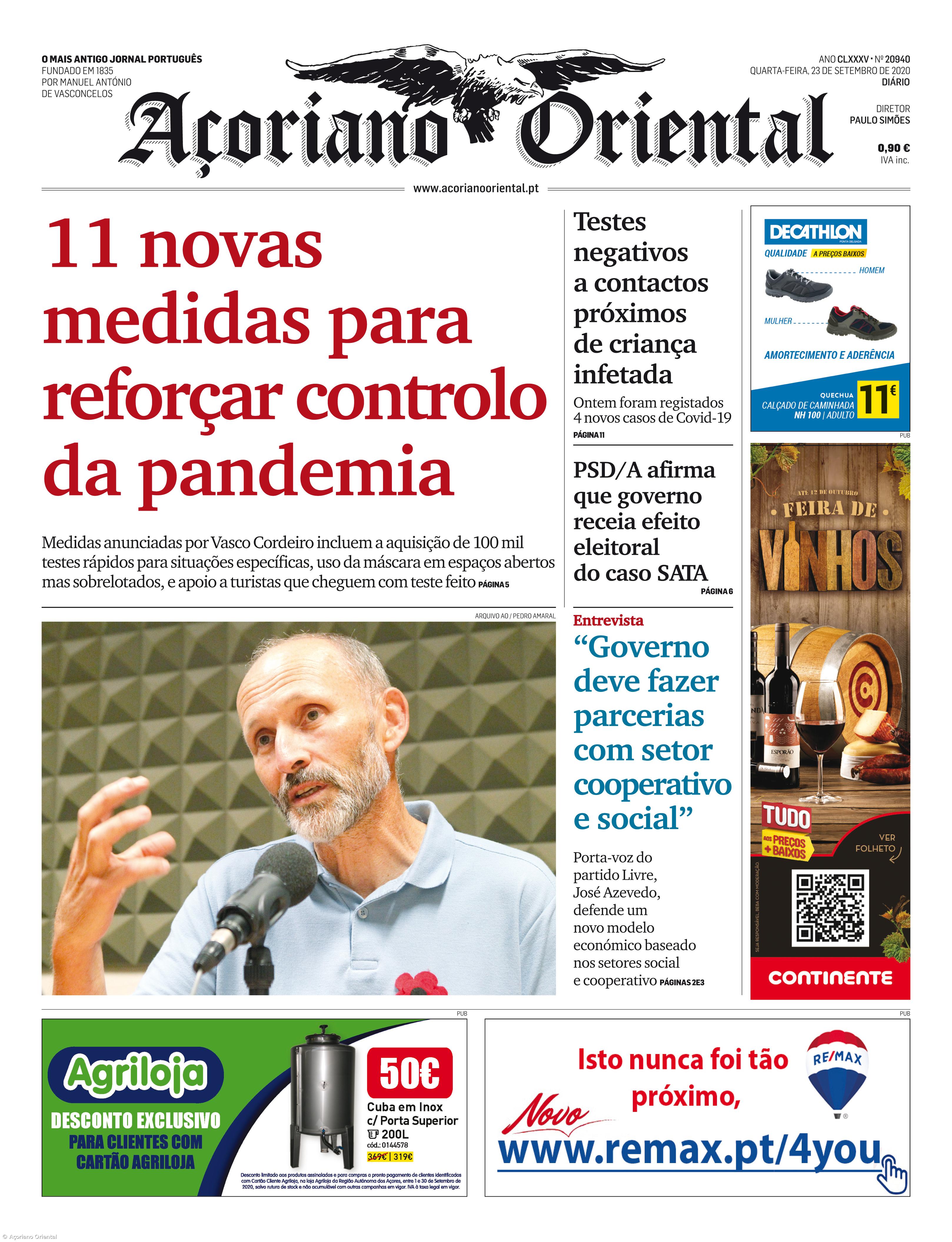 "11 novas medidas para reforçar controlo da pandemia" é a manchete do Açoriano Oriental – Imagem 1