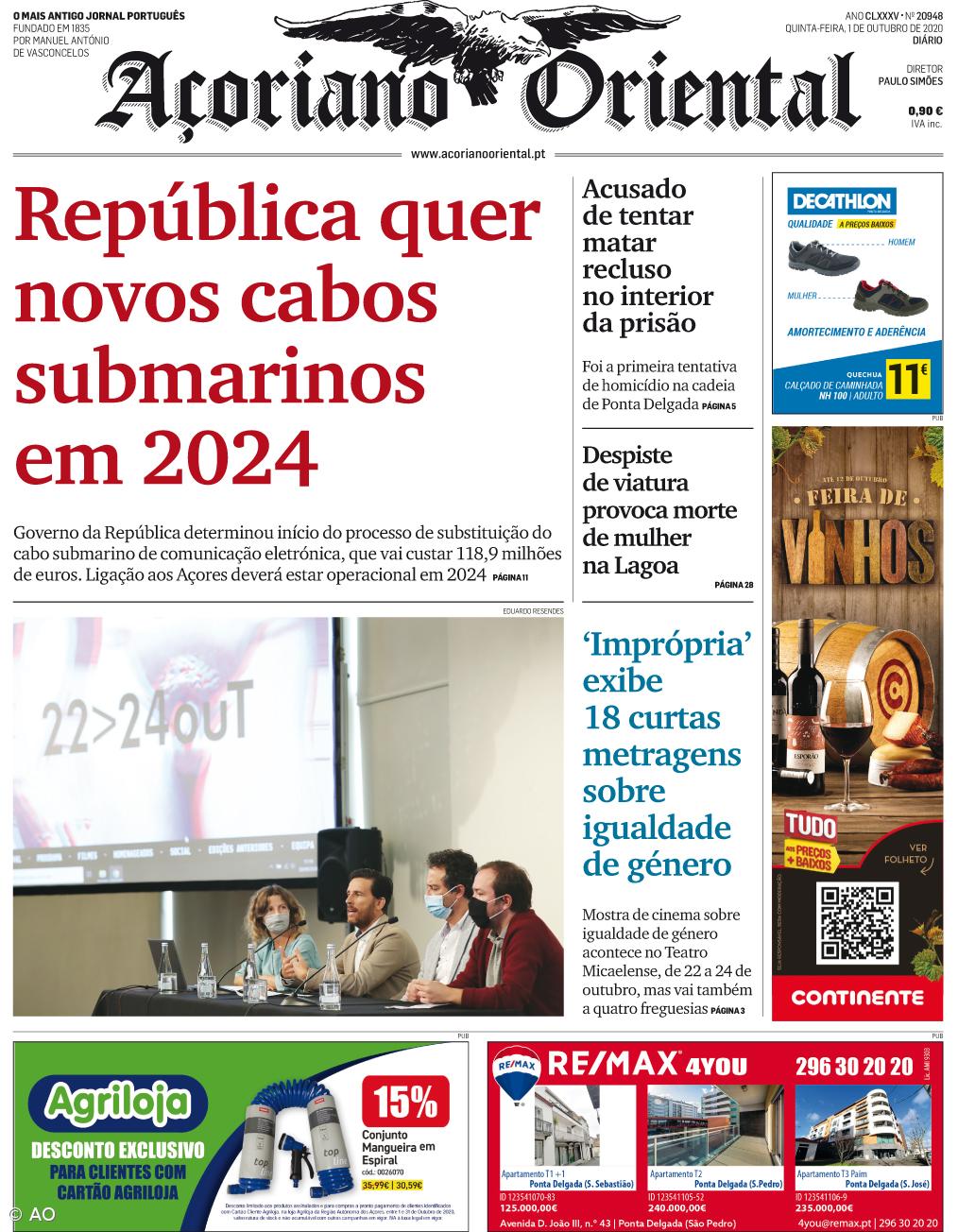 "República quer novos cabos submarinos em 2024" é a manchete do Açoriano Oriental – Imagem 1