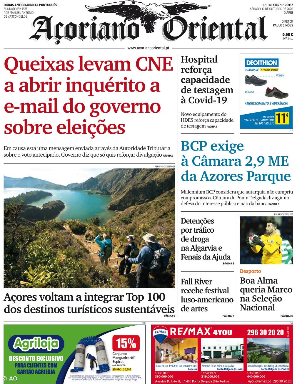 "Queixas levam CNE a abrir inquérito a e-mail do governo sobre eleições" é a manchete do Açoriano Oriental – Imagem 1