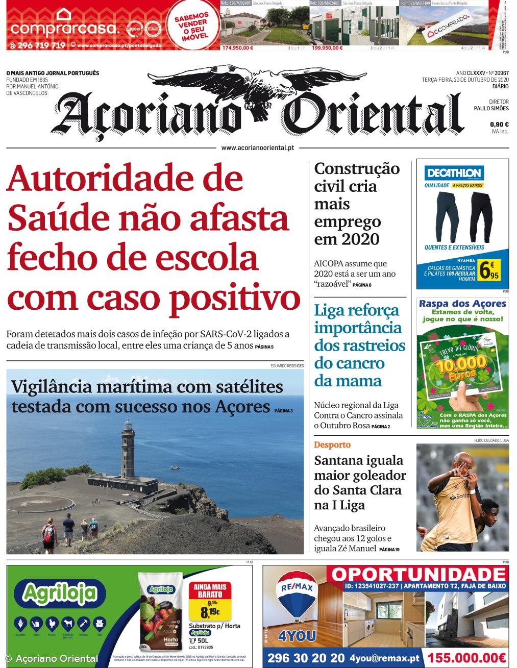 "Autoridade de Saúde não afasta fecho de escola com caso positivo" é a manchete do Açoriano Oriental – Imagem 1