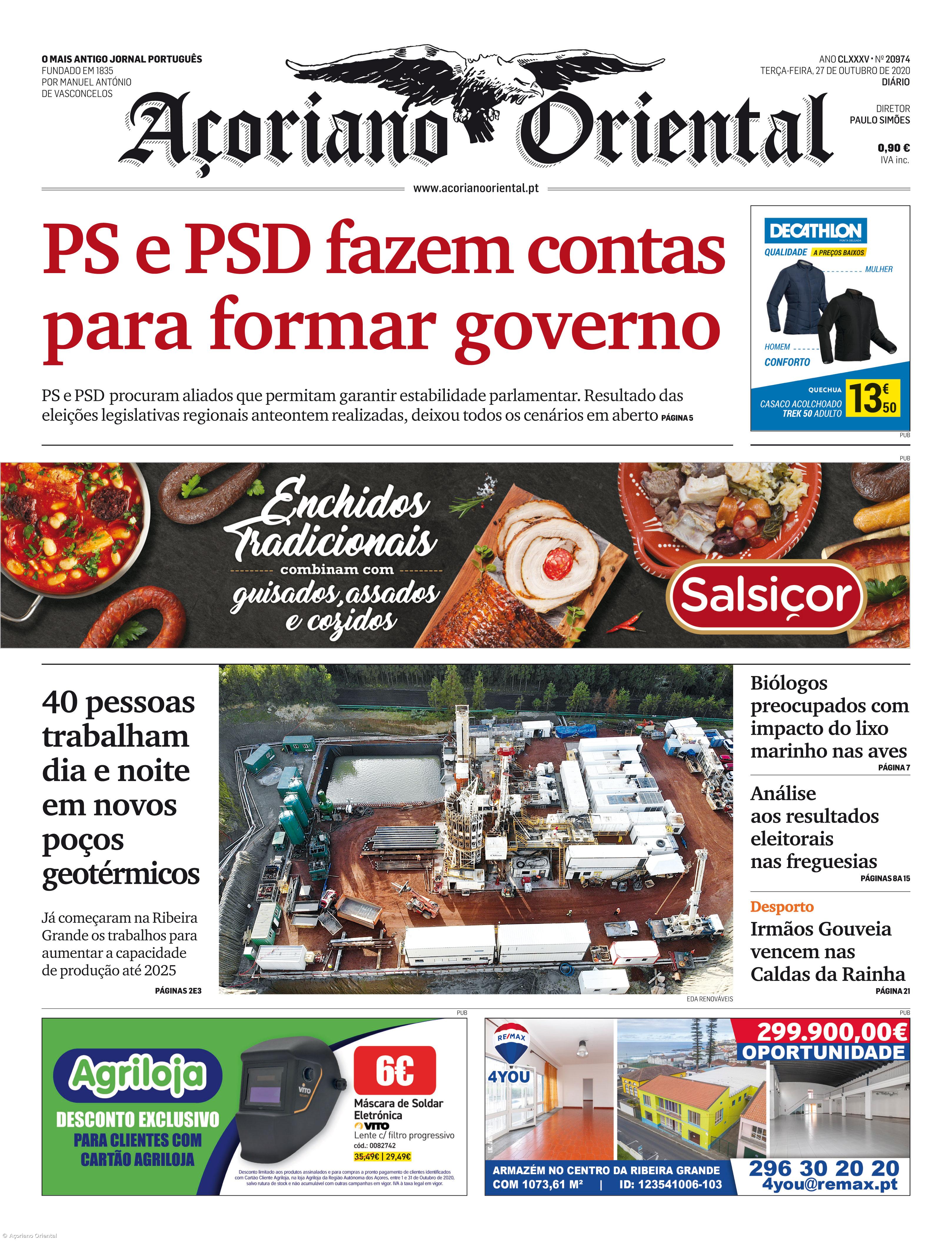 "PS e PSD fazem contas para formar governo" é a manchete do Açoriano Oriental – Imagem 1