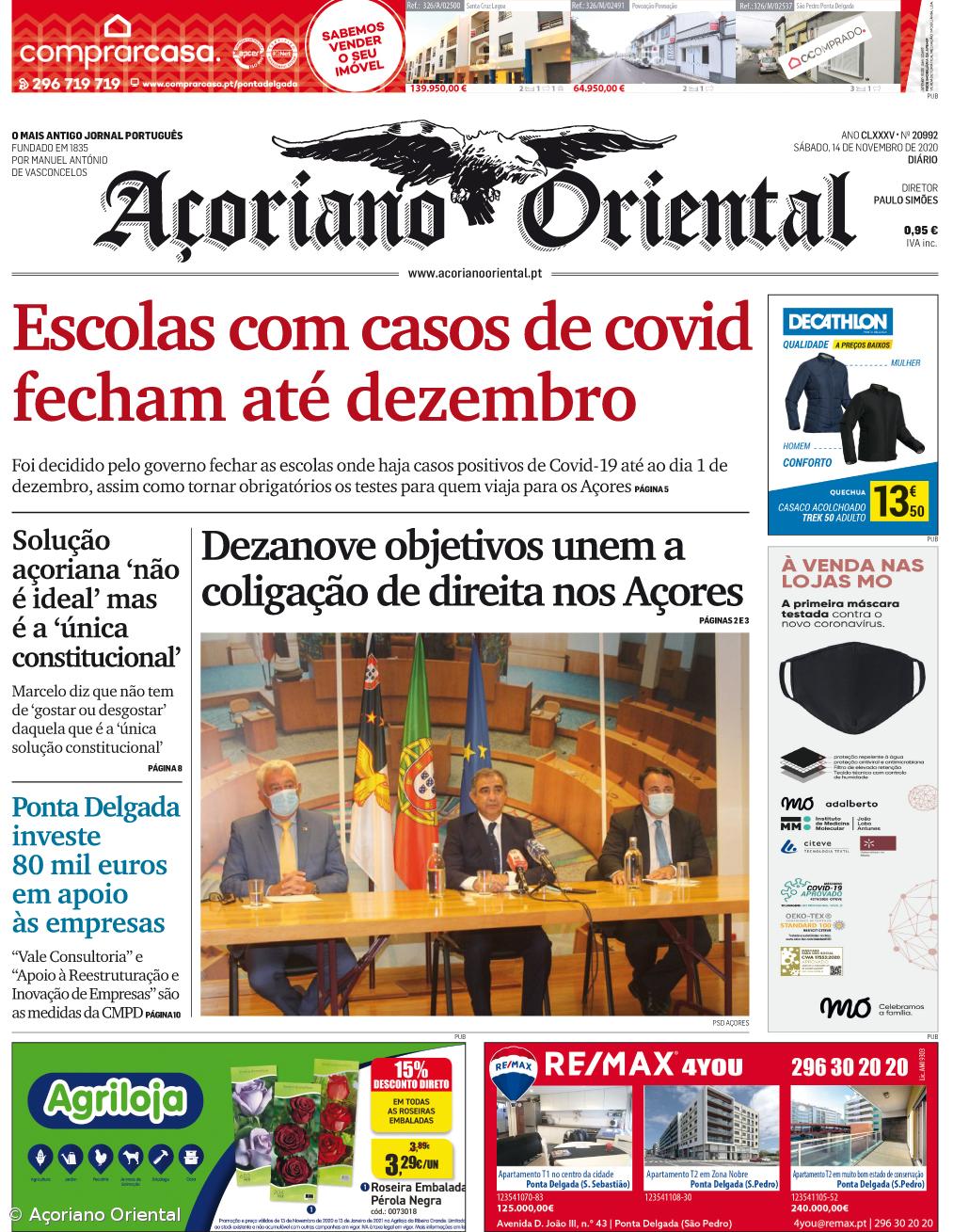 "Escolas com casos de covid fecham até dezembro" é a manchete do Açoriano Oriental – Imagem 1