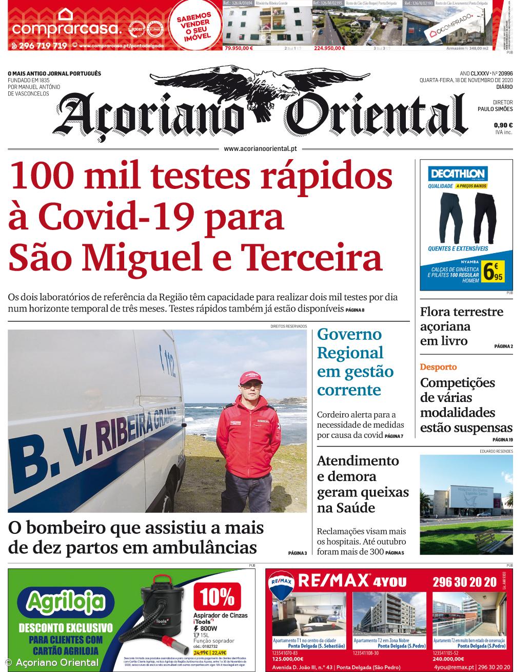 "100 mil testes rápidos à Covid-19 para São Miguel e Terceira" é a manchete do Açoriano Oriental – Imagem 1