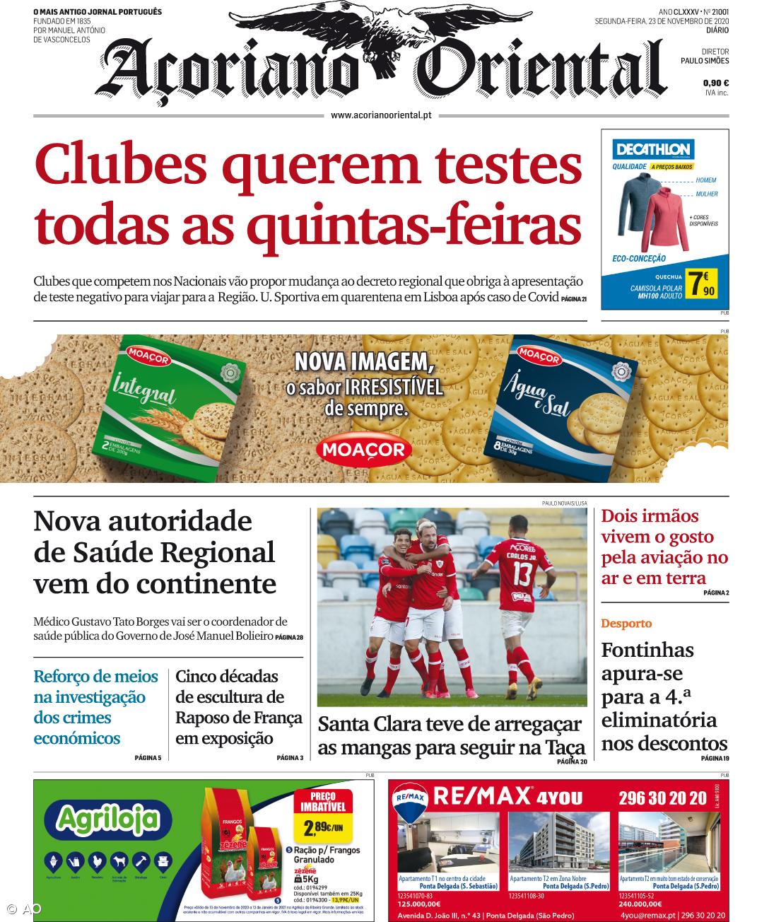 "Clubes querem testes todas as quintas-feiras" é a manchete do Açoriano Oriental – Imagem 1