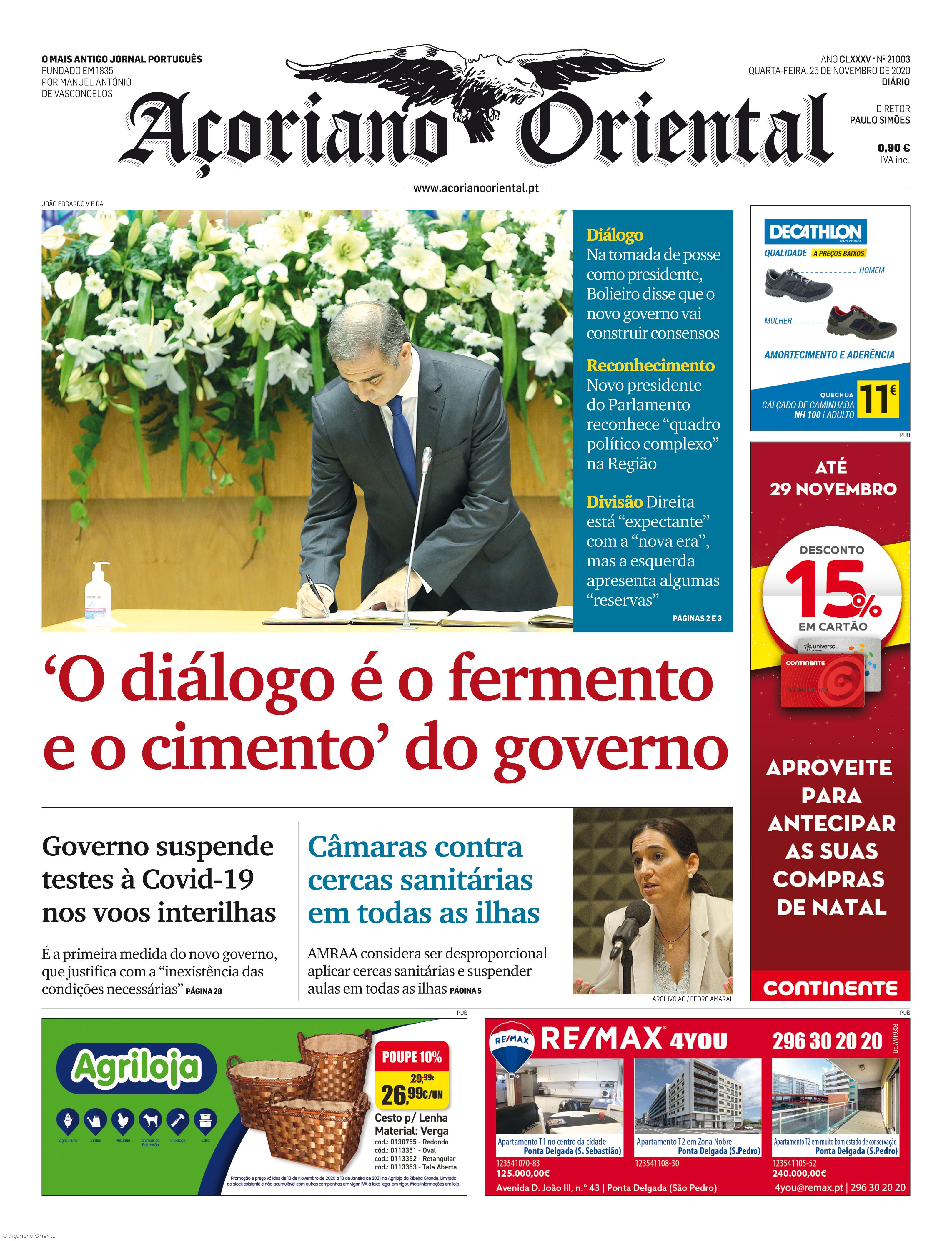 "'O diálogo é o fermento e o cimento' do governo" é a manchete do Açoriano Oriental – Imagem 1