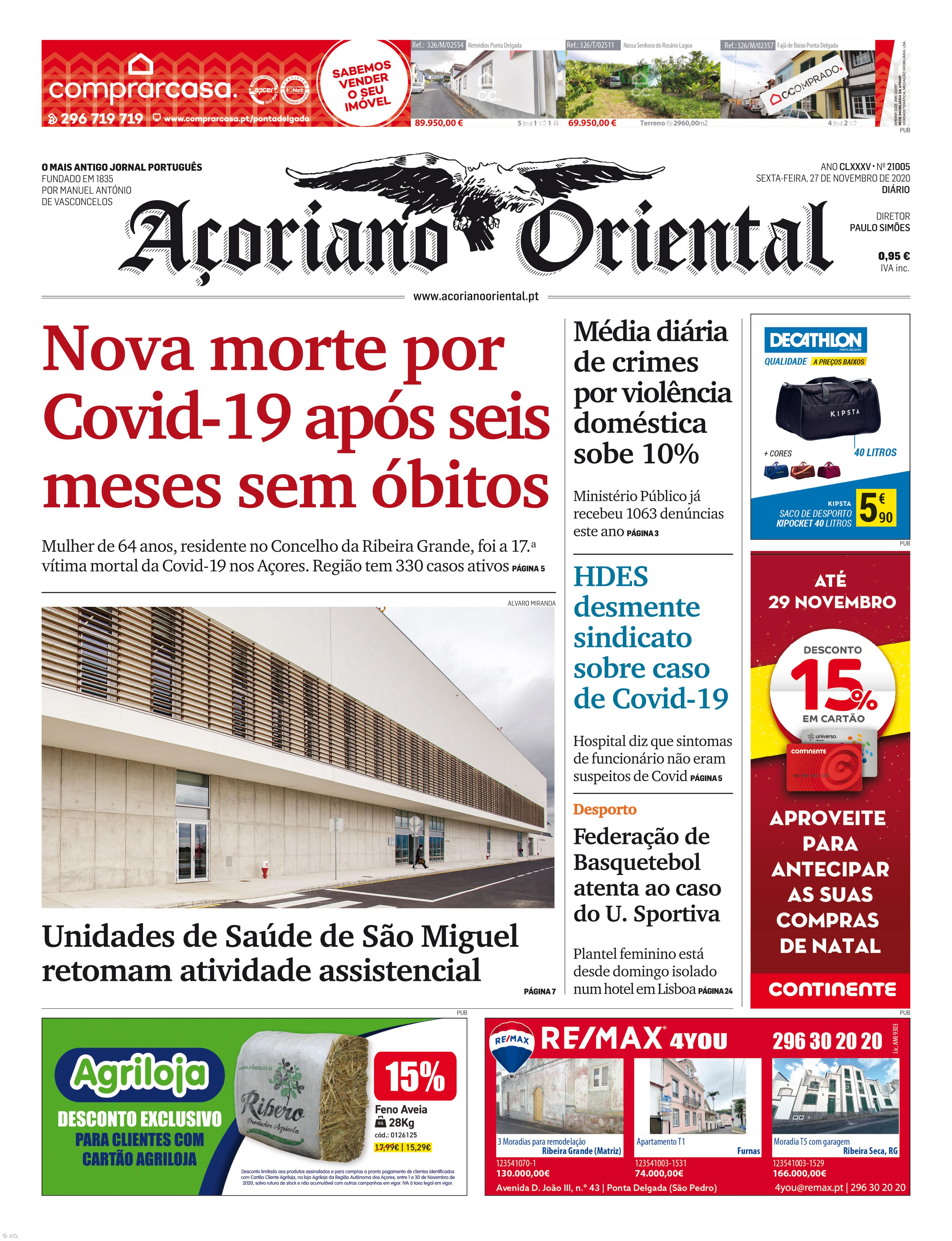 "Nova morte por Covid-19 após seis meses sem óbitos" é a manchete do Açoriano Oriental – Imagem 1