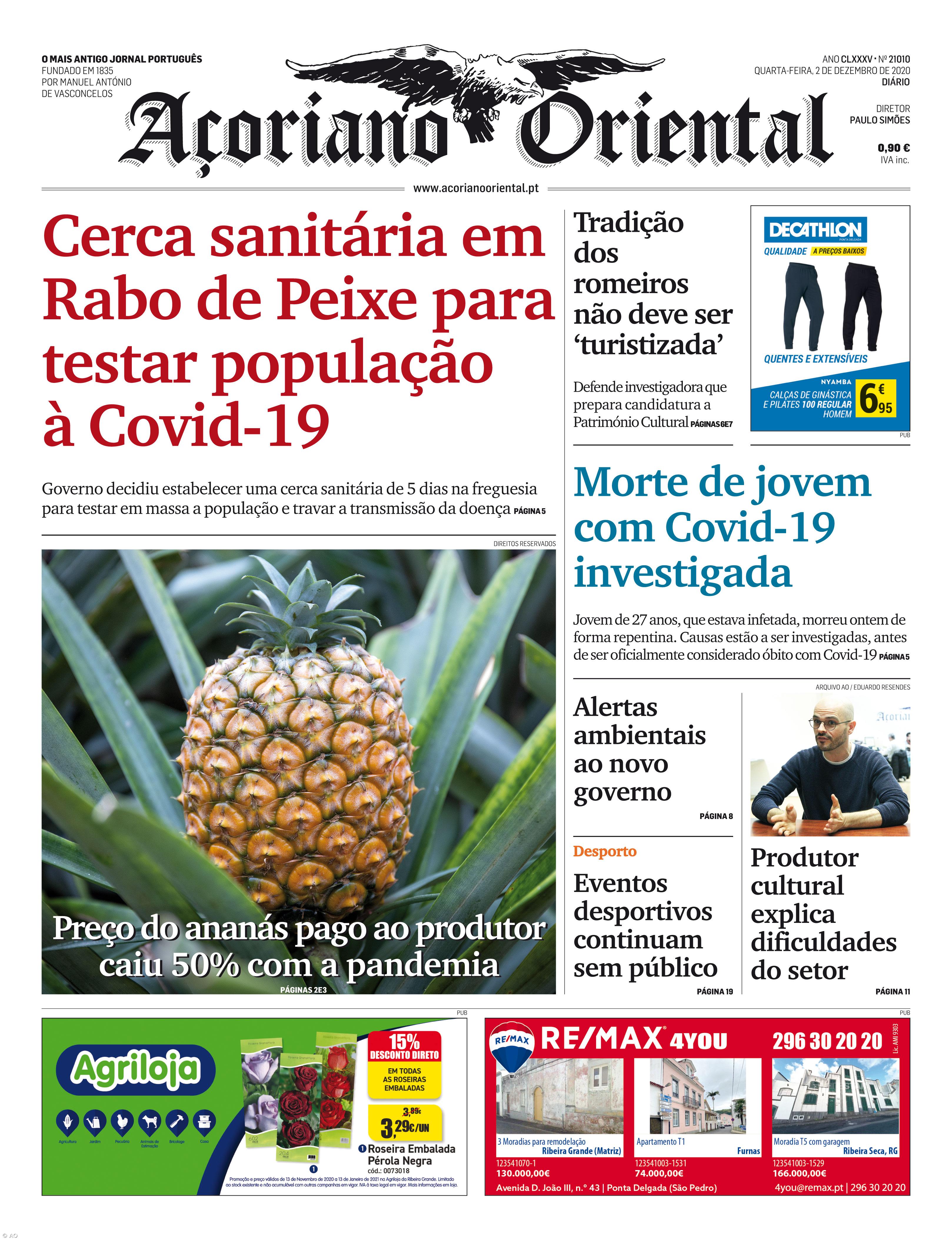 "Cerca sanitária em Rabo de Peixe para testar população à Covid-19" é a manchete do Açoriano Oriental – Imagem 1