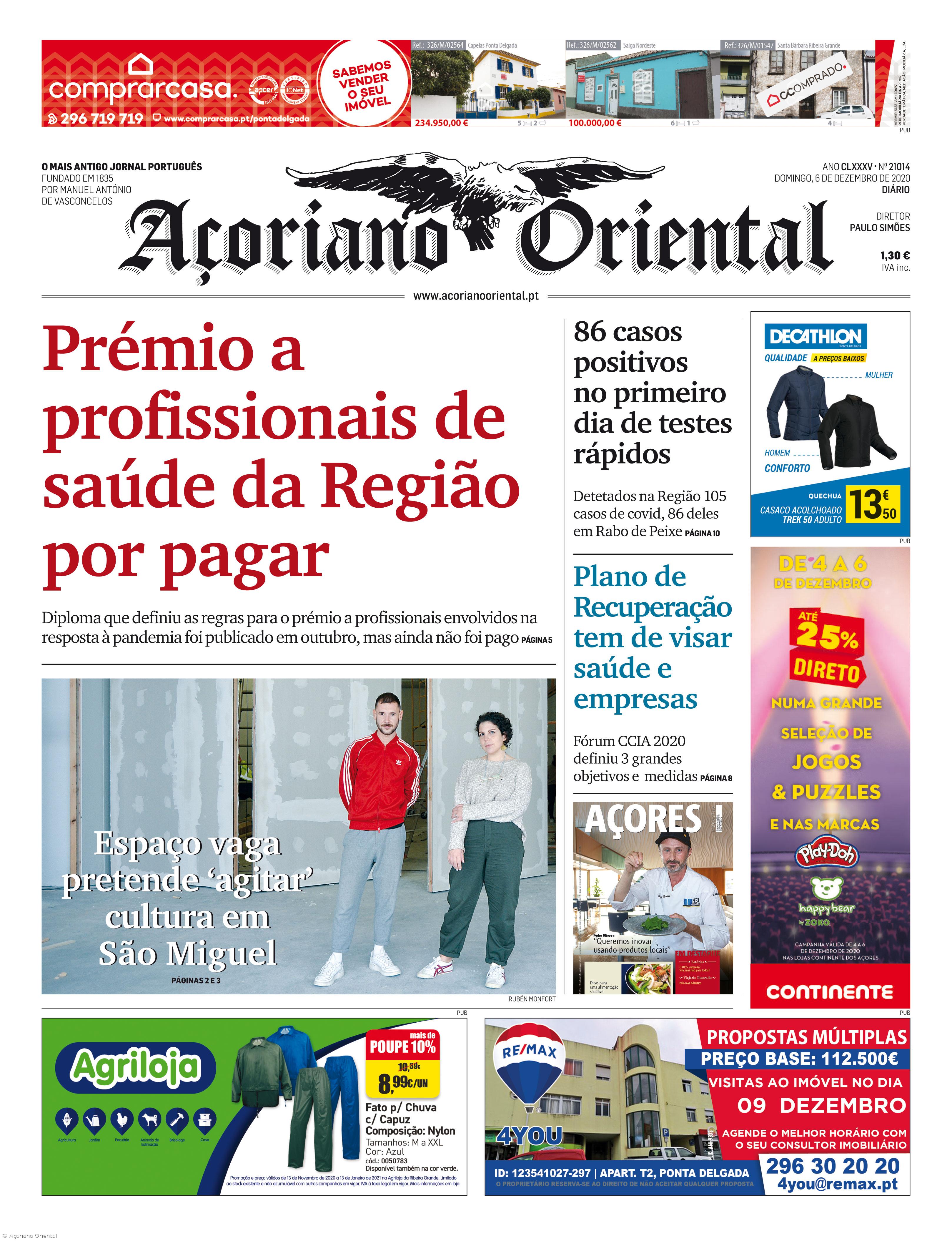 "Prémio a profissionais de saúde da Região por pagar" é a manchete do Açoriano Oriental – Imagem 1