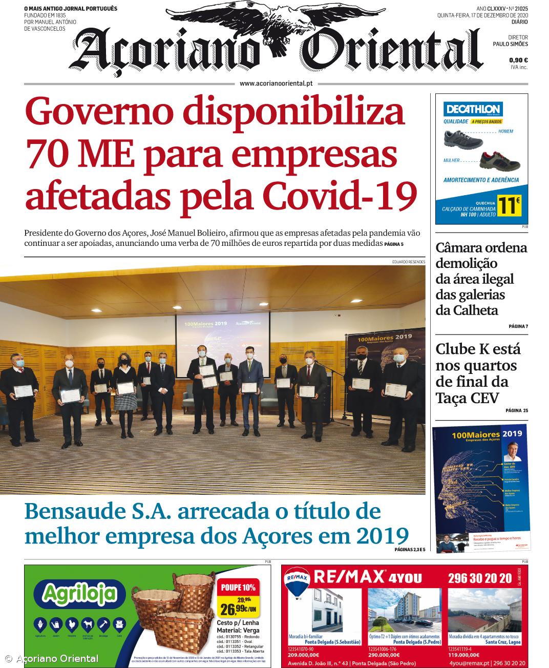 "Governo disponibiliza 70 ME para empresas afetadas pela Covid-19" é a manchete do Açoriano Oriental – Imagem 1