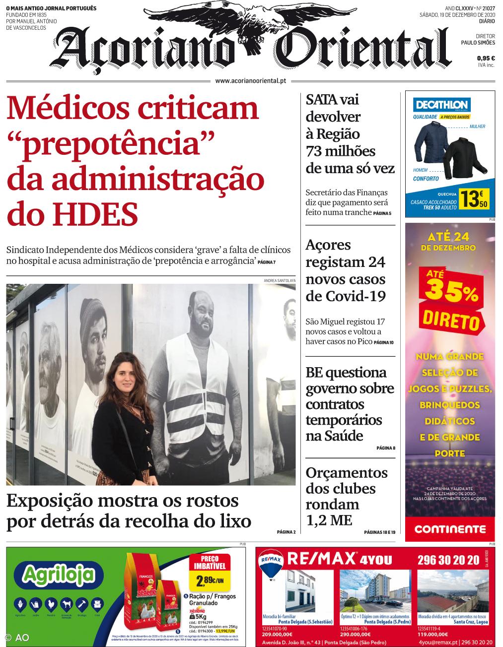"Médicos criticam 'prepotência' da administração do HDES" é a manchete do Açoriano Oriental – Imagem 1