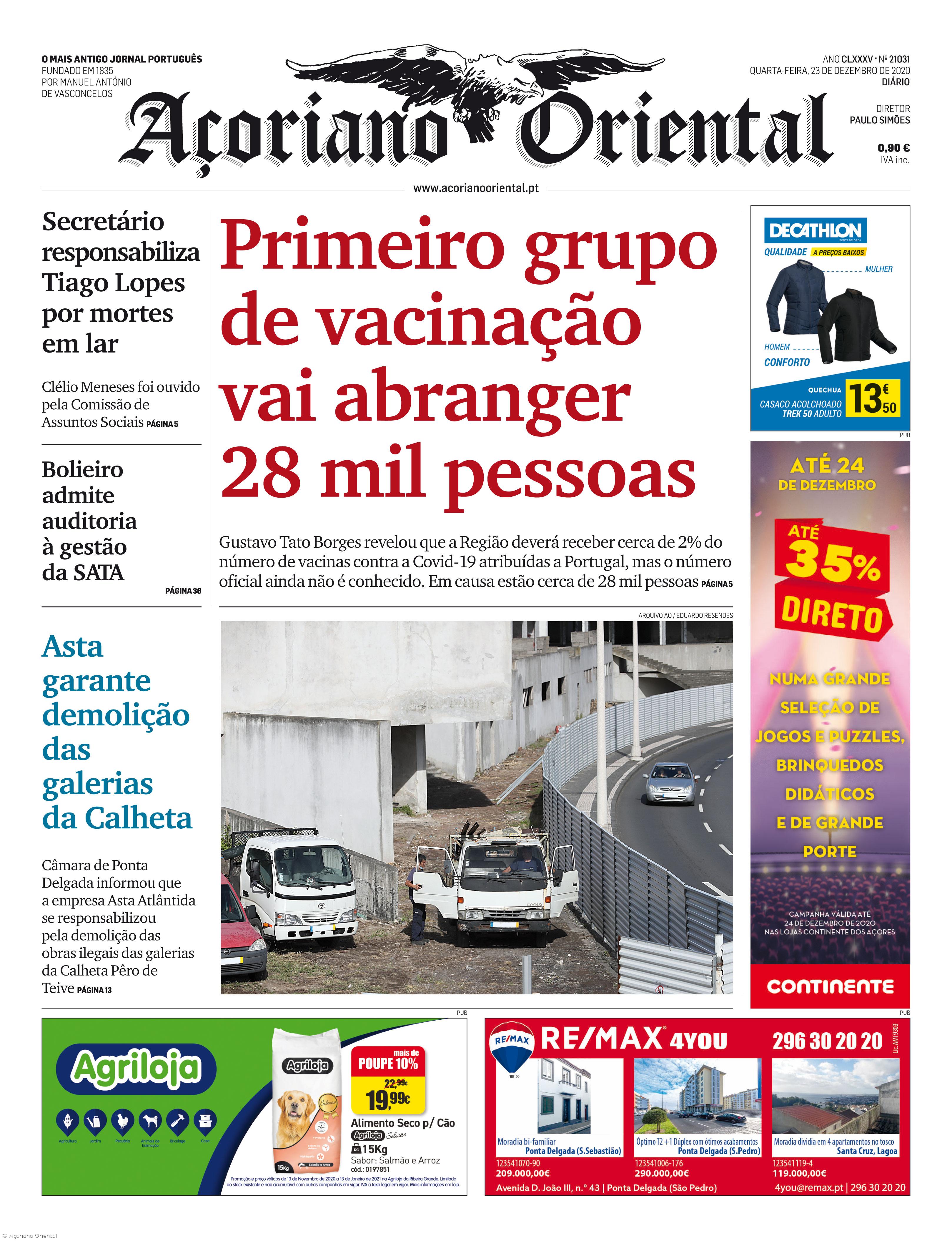 "Primeiro grupo de vacinação vai abranger 28 mil pessoas" é a manchete do Açoriano Oriental – Imagem 1