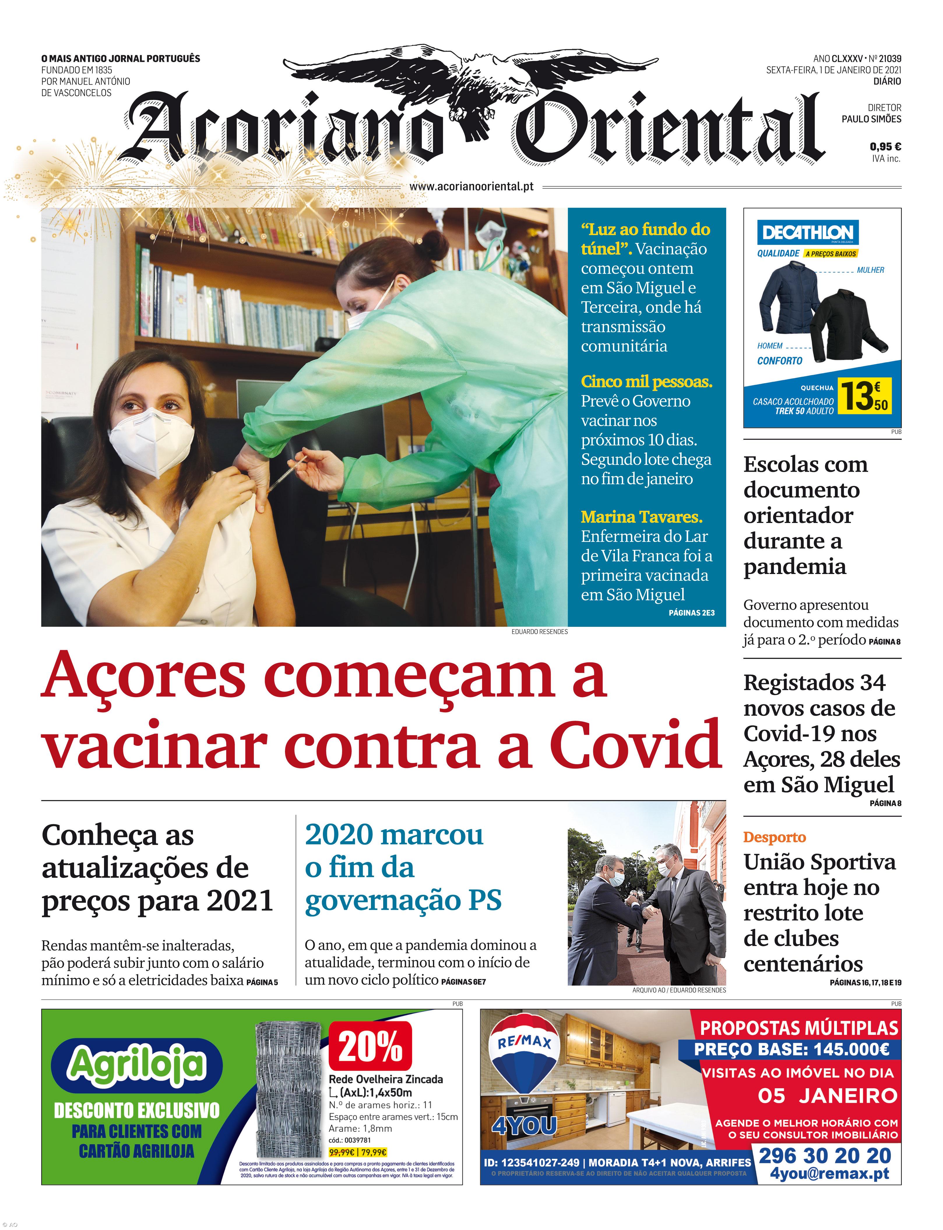 "Açores começam a vacinar contra a Covid" é a manchete do Açoriano Oriental – Imagem 1