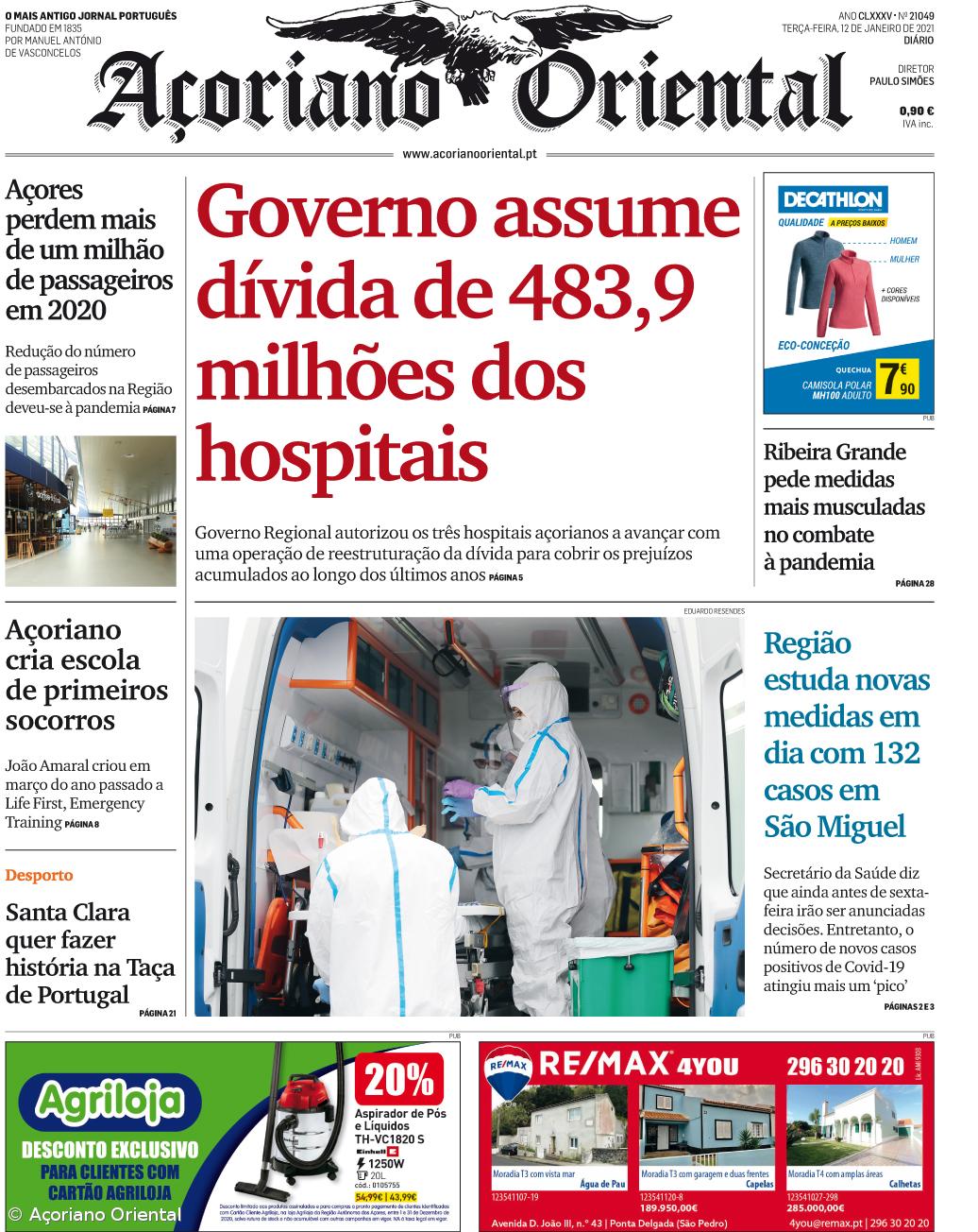 "Governo assume dívida de 483,9 milhões dos hospitais" é a manchete do Açoriano Oriental  – Imagem 1