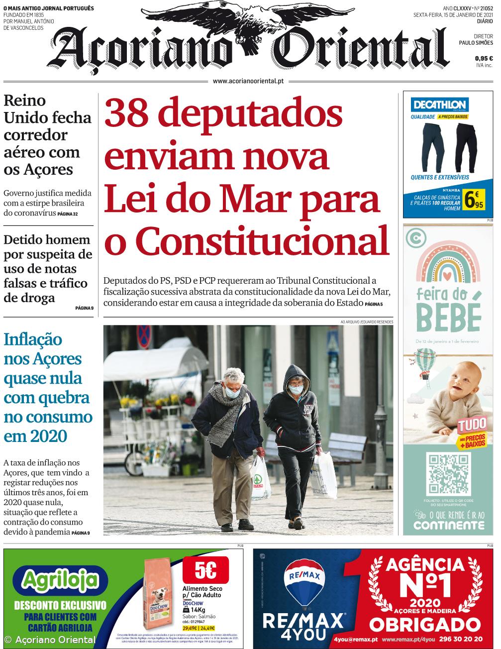 "38 deputados enviam nova Lei do Mar para o Constitucional" é a manchete do Açoriano Oriental – Imagem 1