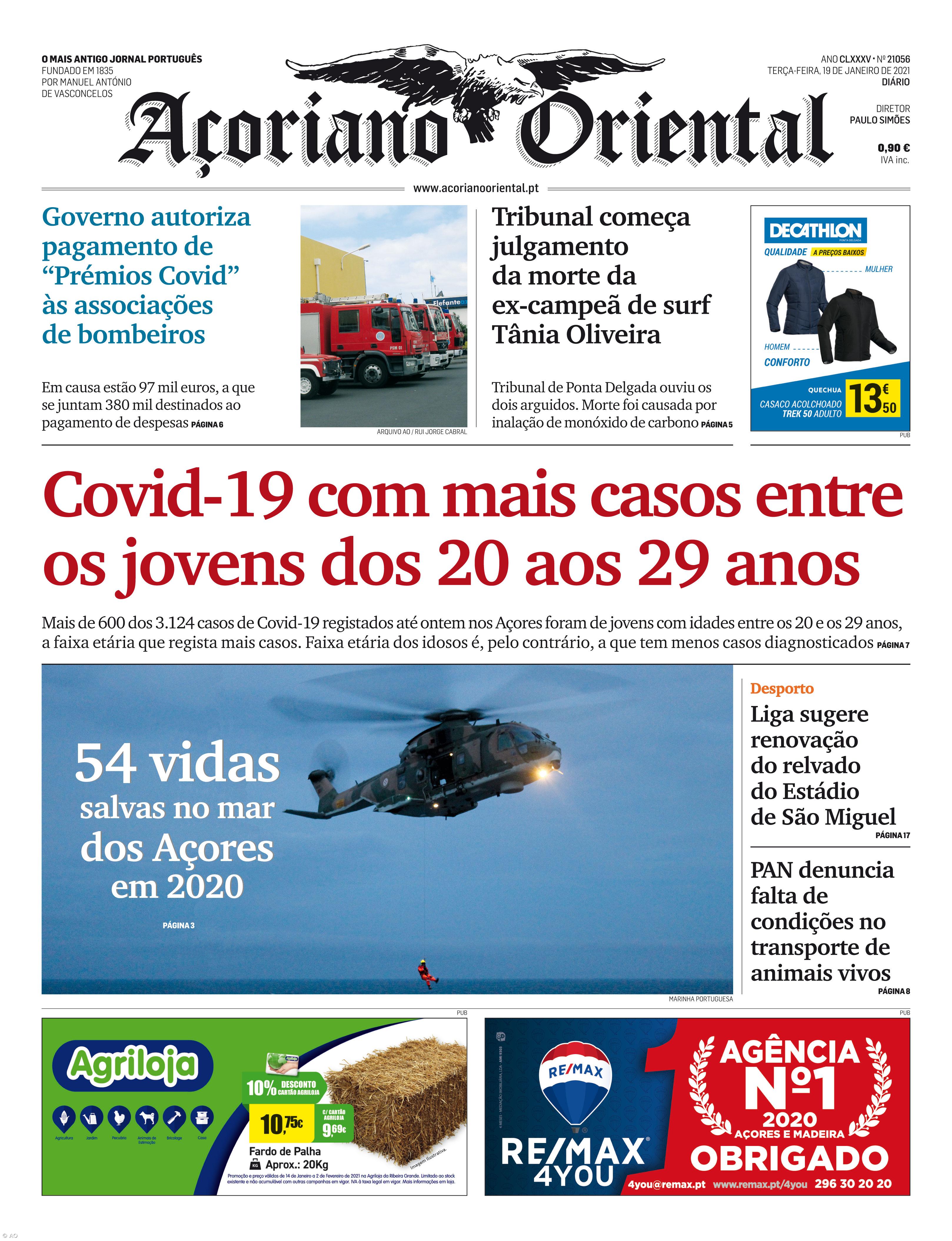 "Covid-19 com mais casos entre os jovens dos 20 aos 29 anos" é a manchete do Açoriano Oriental – Imagem 1