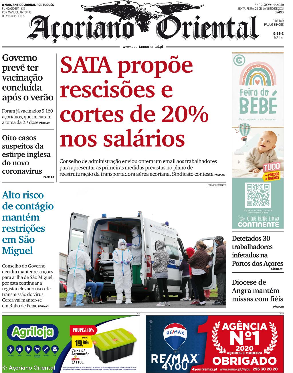 "SATA propõe rescisões e cortes de 20% nos salários" é a manchete do Açoriano Oriental – Imagem 1