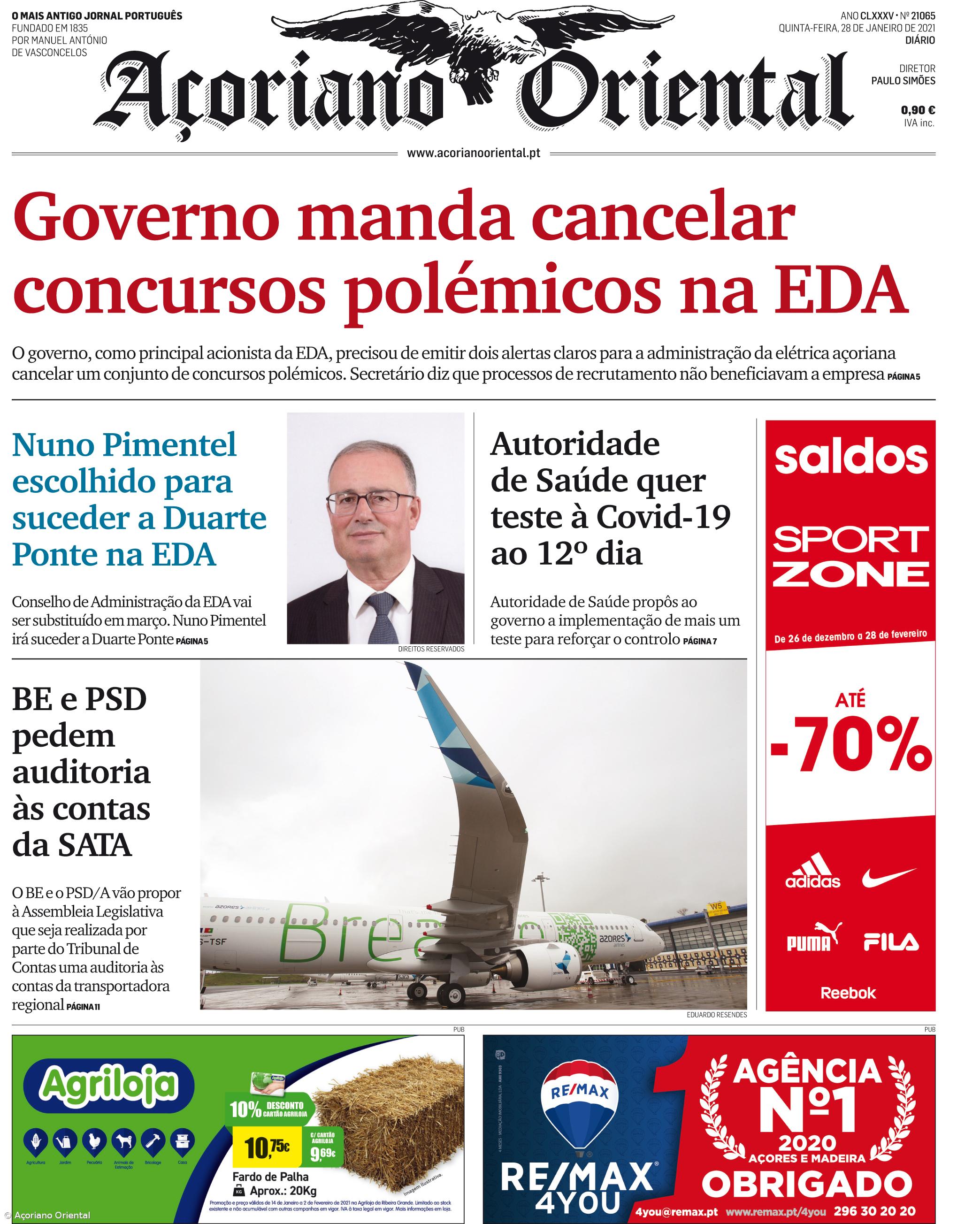 "Governo manda cancelar concursos polémicos na EDA" é a manchete do Açoriano Oriental – Imagem 1