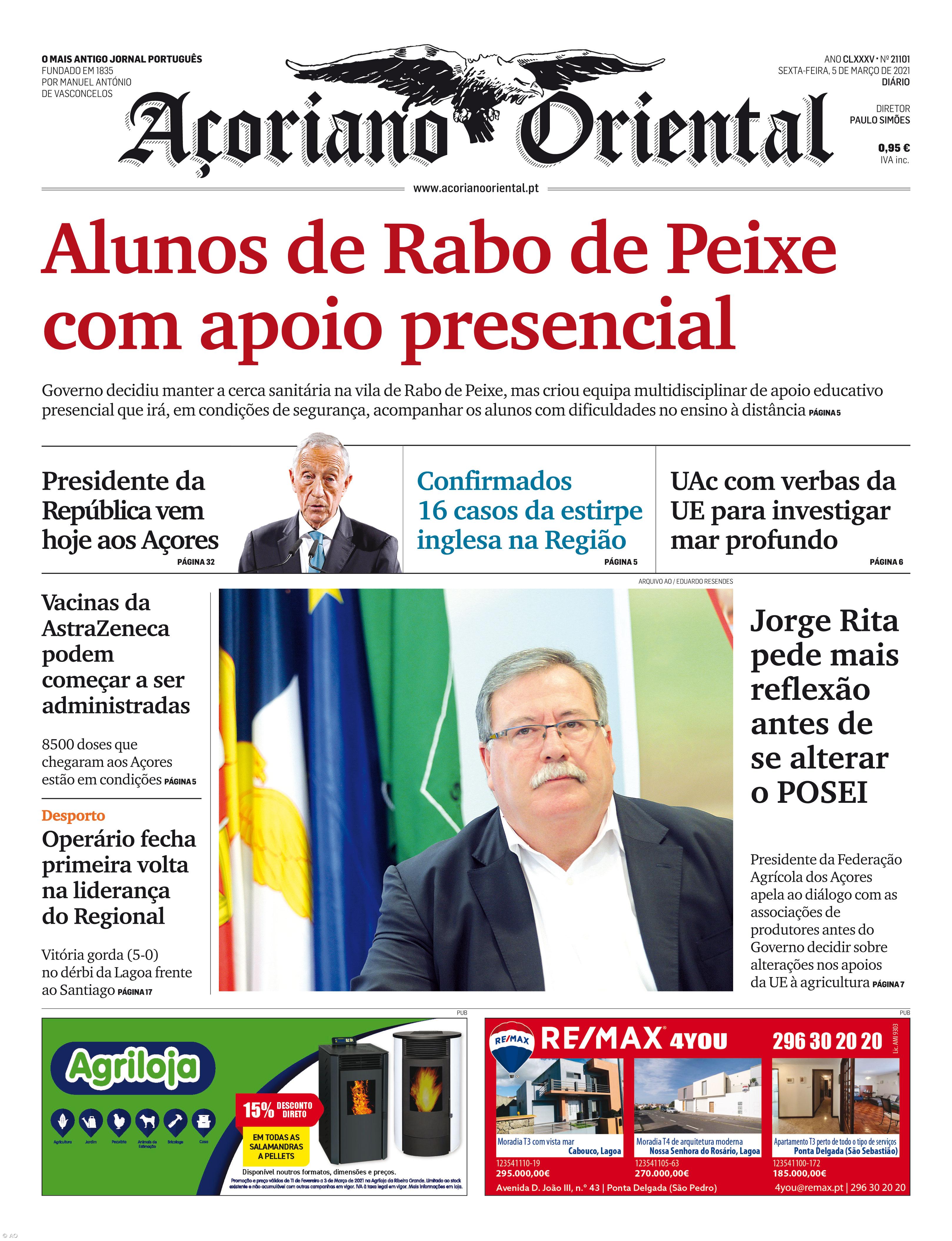 "Alunos de Rabo de Peixe com apoio presencial" é a manchete do Açoriano Oriental – Imagem 1