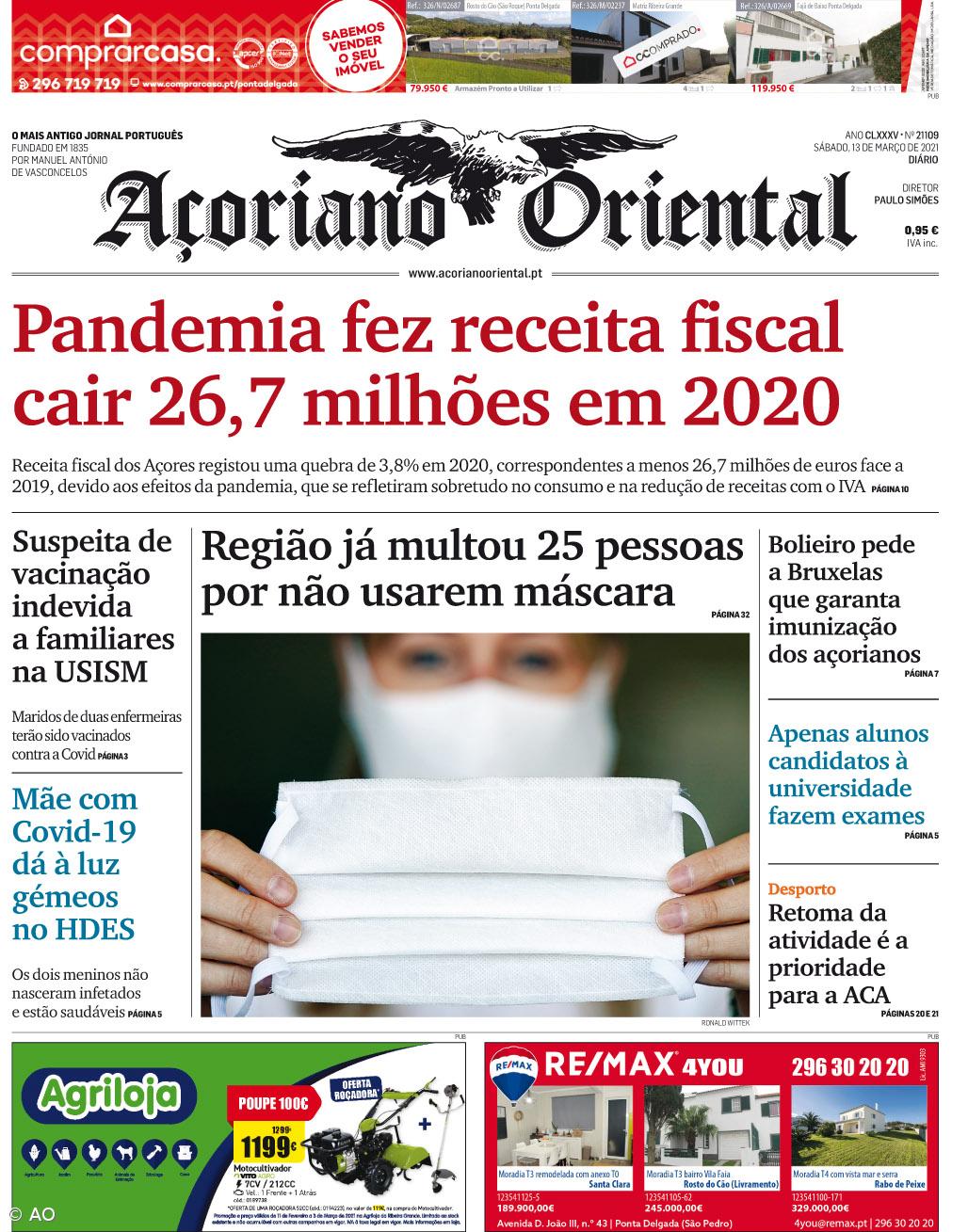 "Pandemia fez receita fiscal cair 26,7 milhões em 2020" é a manchete do Açoriano Oriental – Imagem 1