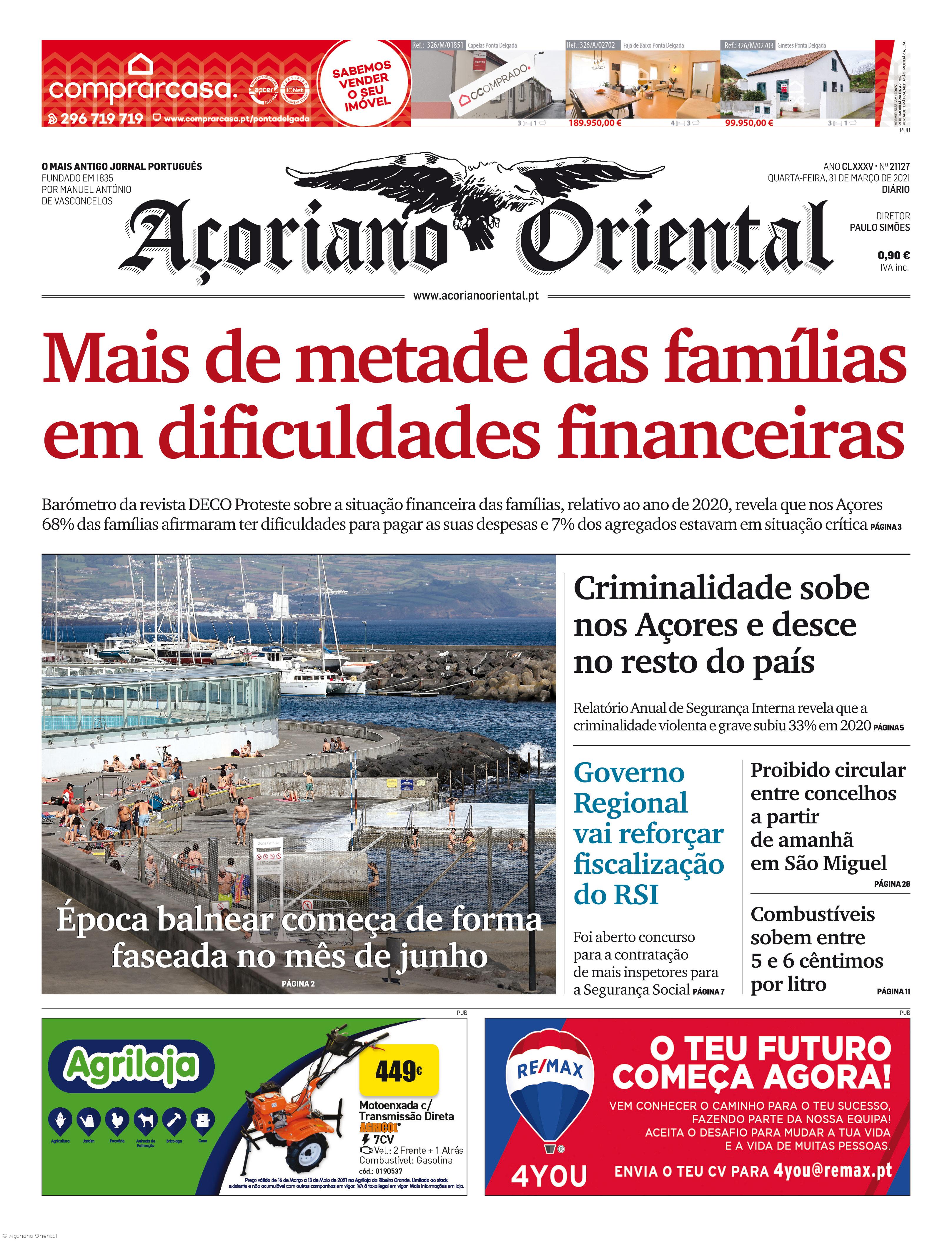 "Mais de metade das famílias em dificuldades financeiras" é a manchete do Açoriano Oriental – Imagem 1