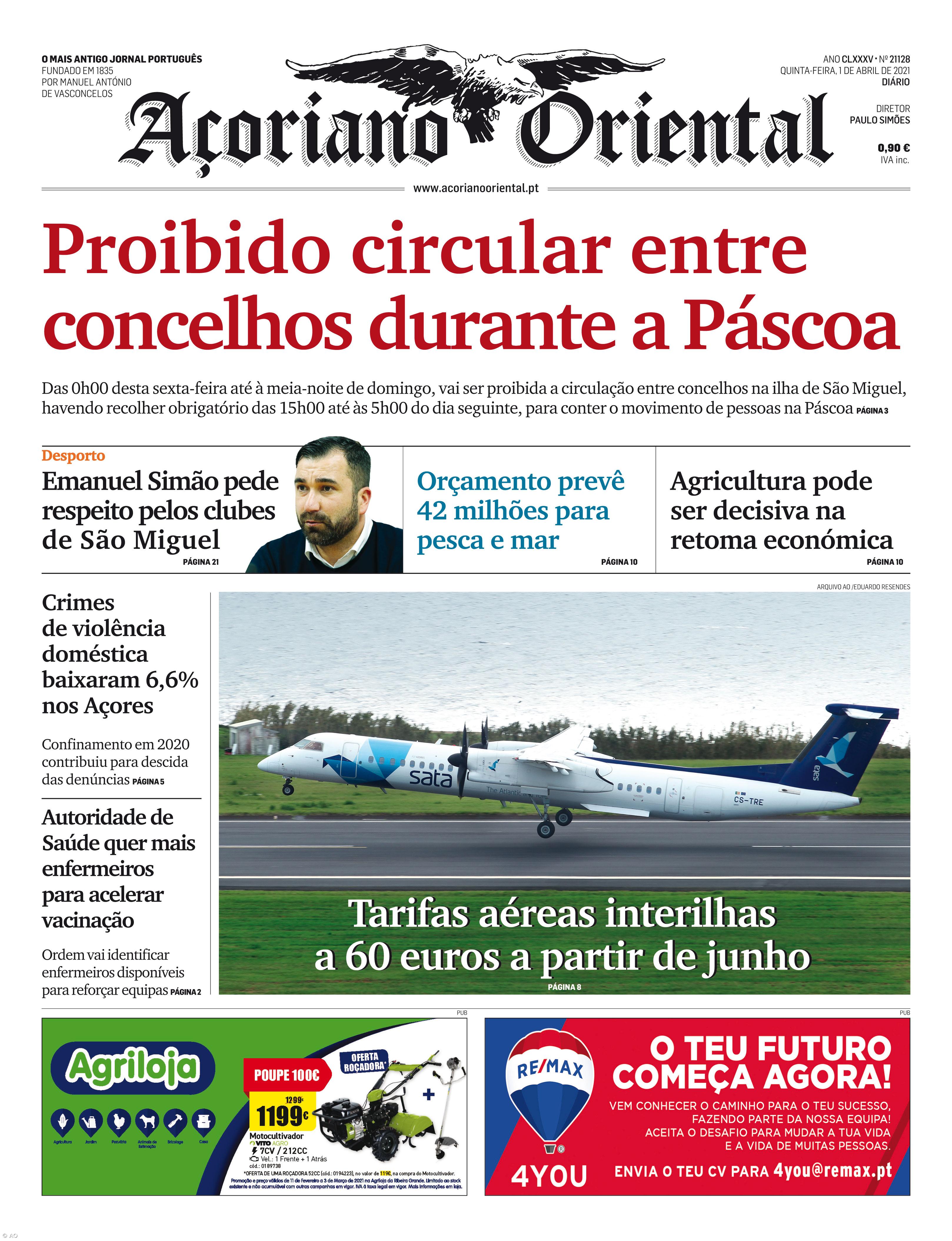 "Proibido circular entre concelhos durante a Páscoa" é a manchete do Açoriano Oriental – Imagem 1