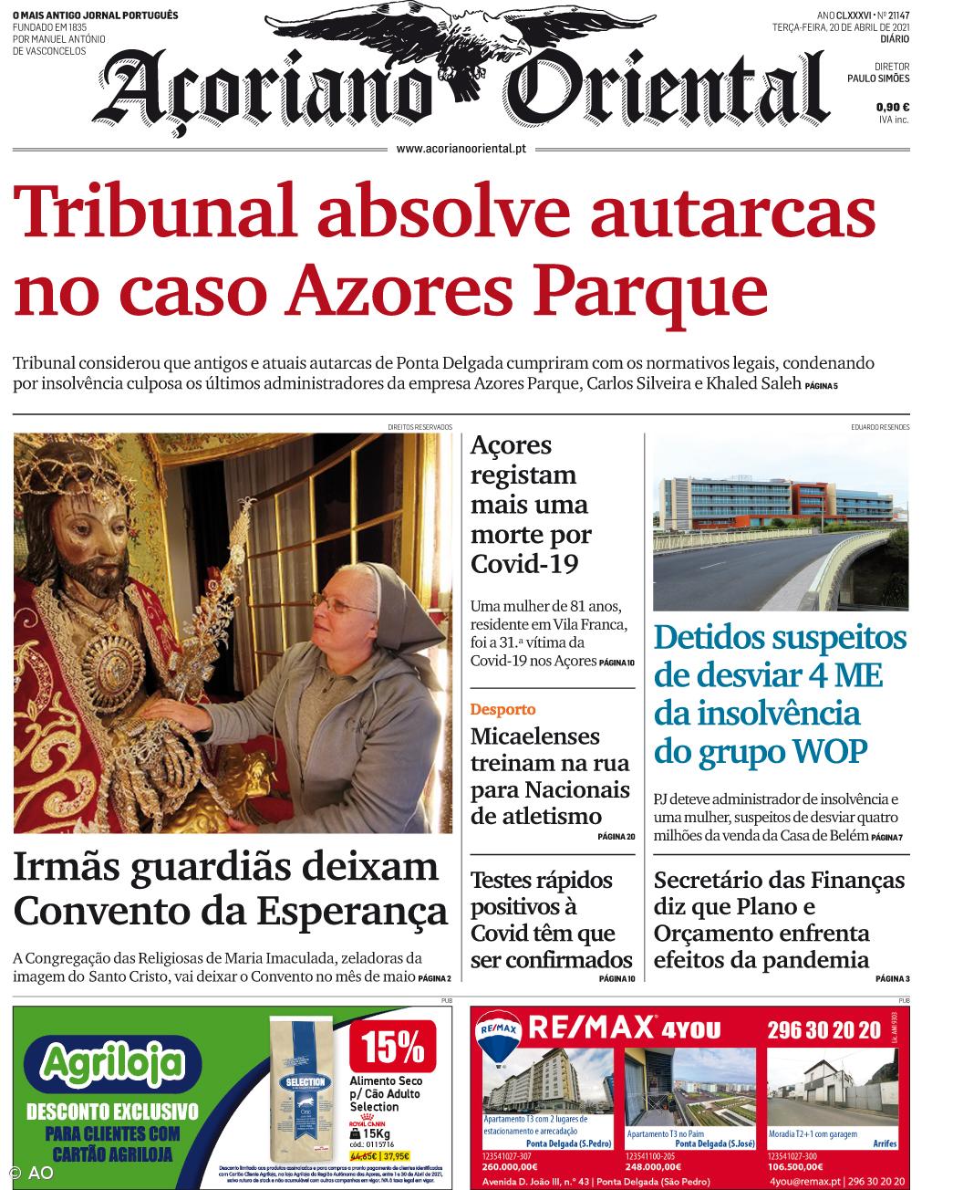 "Tribunal absolve autarcas no caso Azores Parque" é a manchete do Açoriano Oriental – Imagem 1