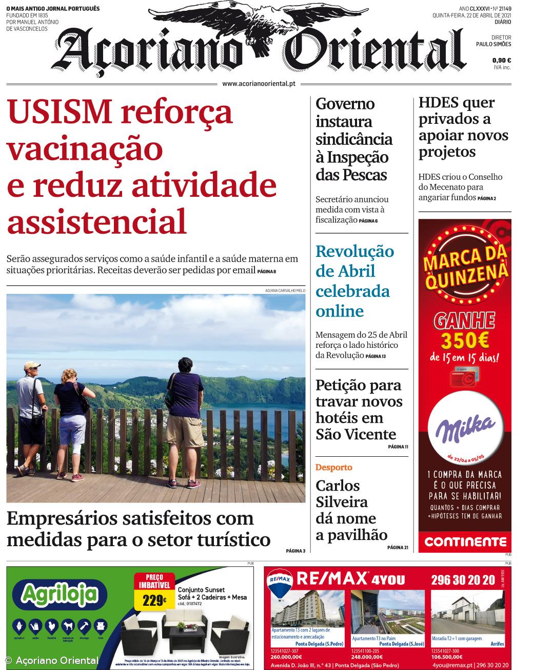"USISM reforça vacinação e reduz atividade assistencial" é a manchete do Açoriano Oriental – Imagem 1