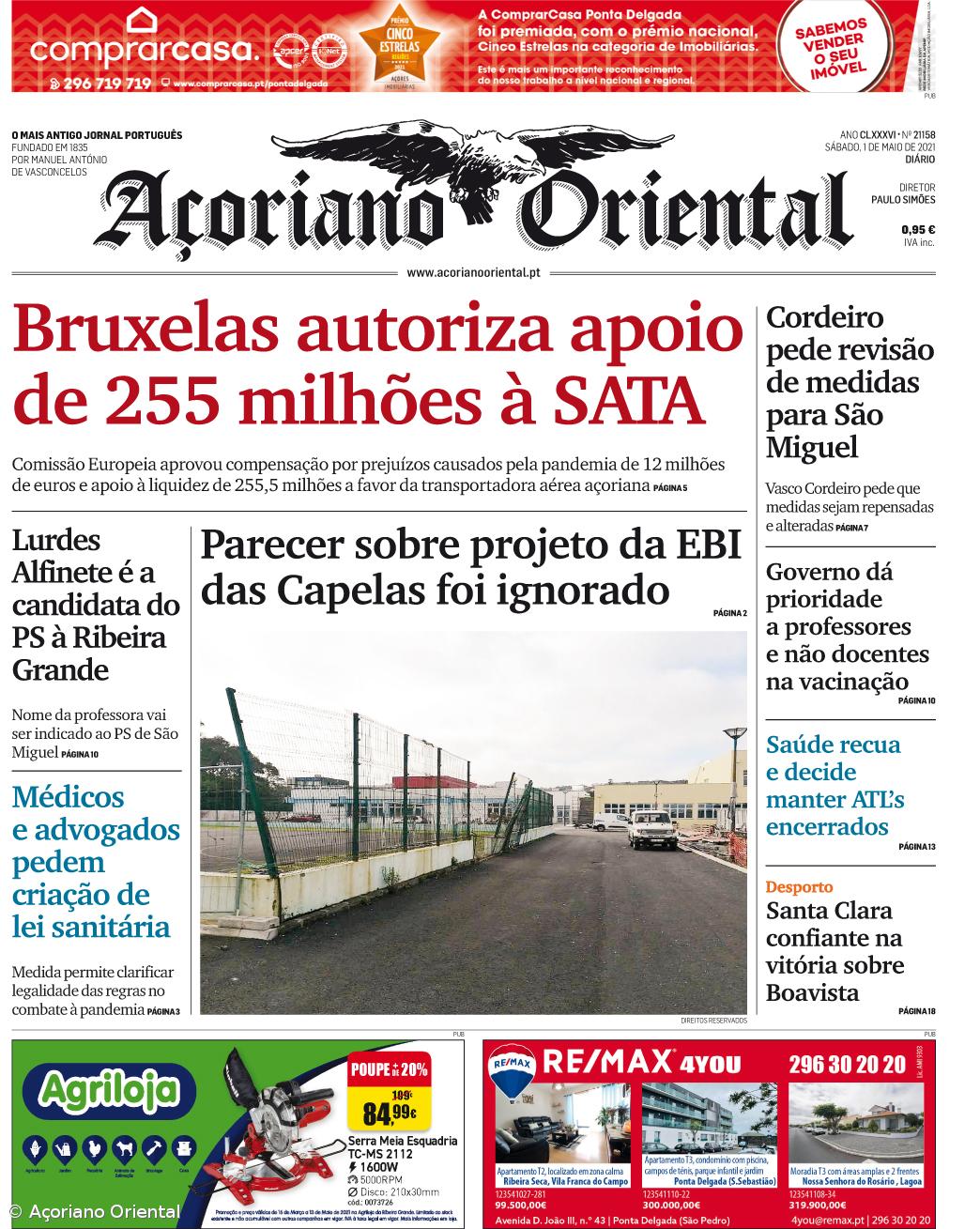 "Bruxelas autoriza apoio de 255 milhões à SATA" é a manchete do Açoriano Oriental – Imagem 1