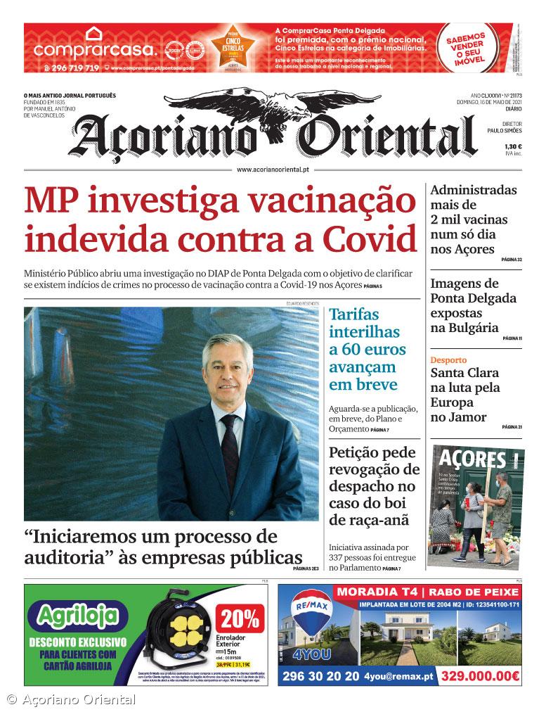 "MP investiga vacinação indevida contra a Covid" é a manchete do Açoriano Oriental – Imagem 1
