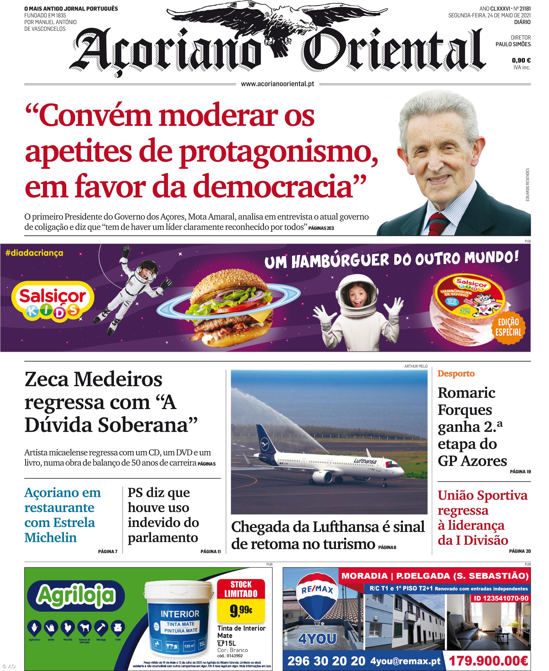 "Convém moderar os apetites de protagonismo" - a entrevista com Mota Amaral é a manchete do Açoriano Oriental – Imagem 1